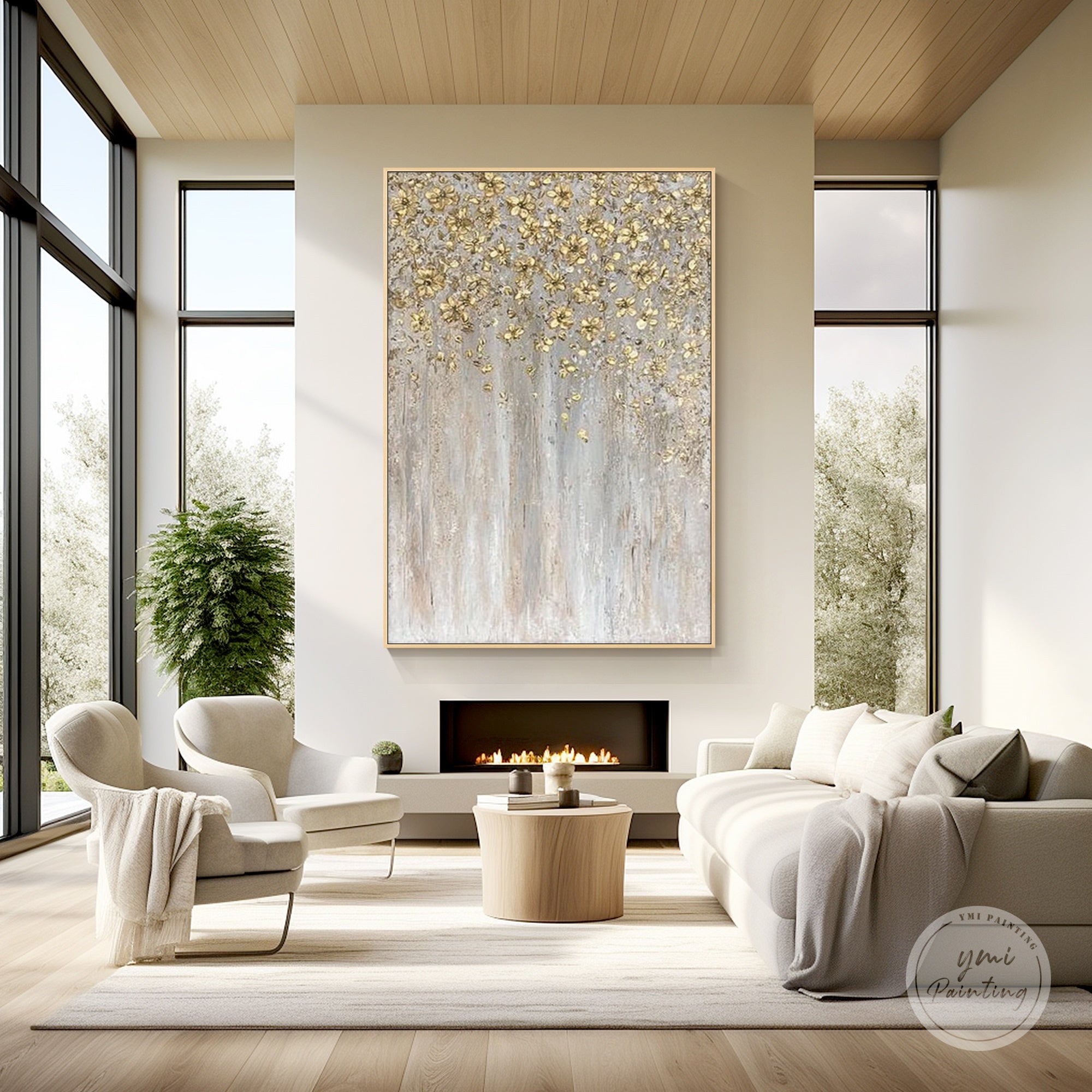 抽象的なゴールドの花柄テクスチャウォールアート、手描きの
