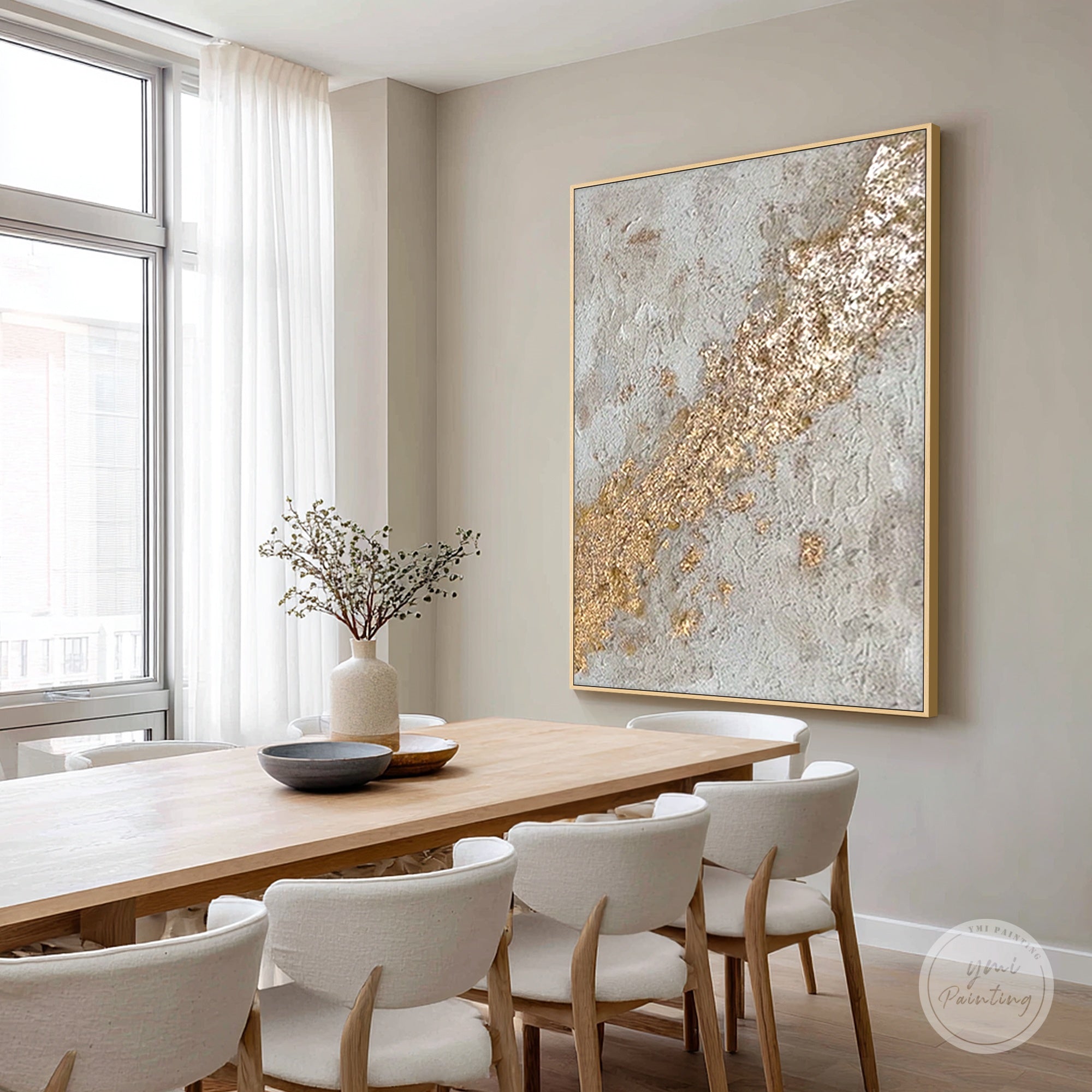 Grey plaster effect canvas with gold abstract detail
