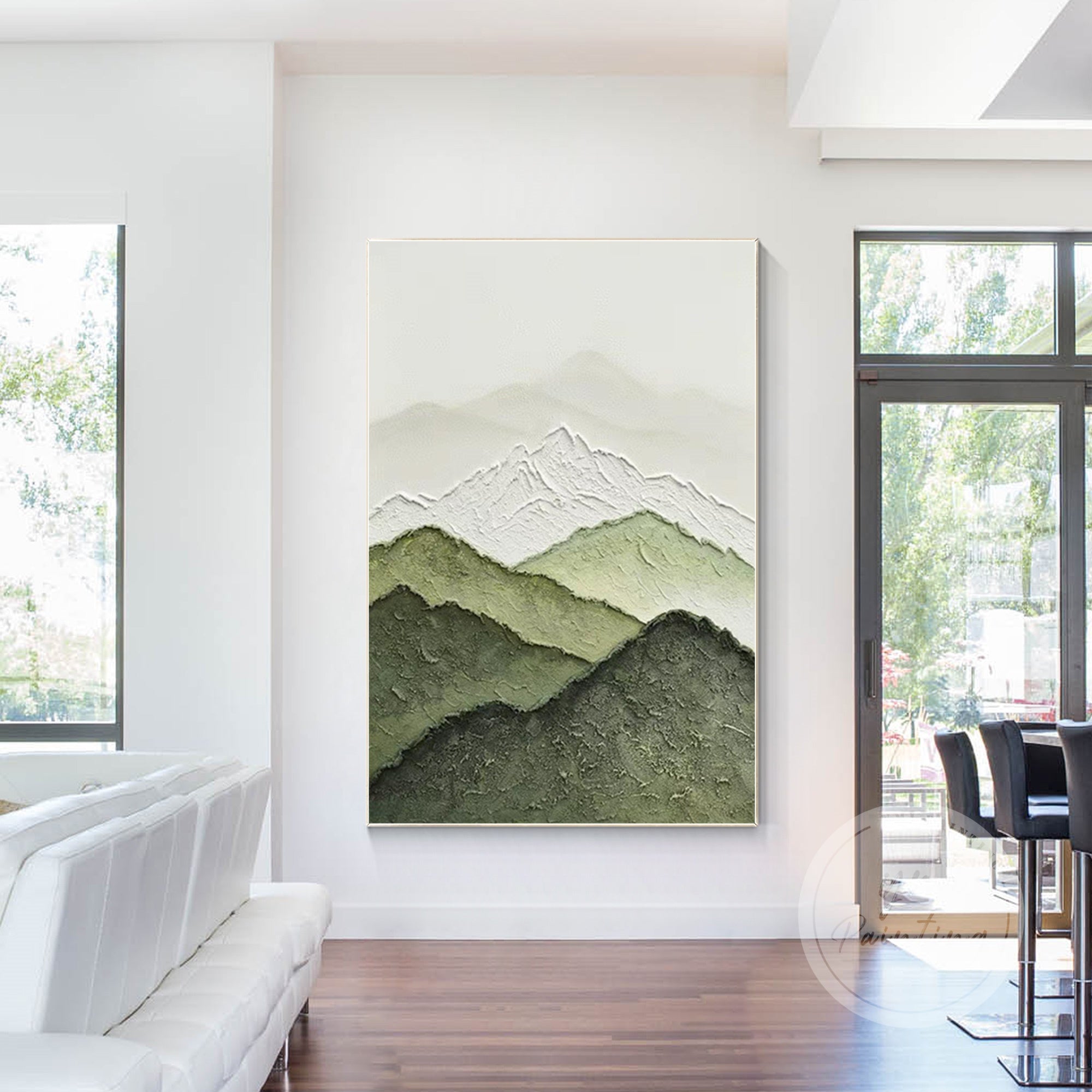 Abstract green mountain painting with textured layers