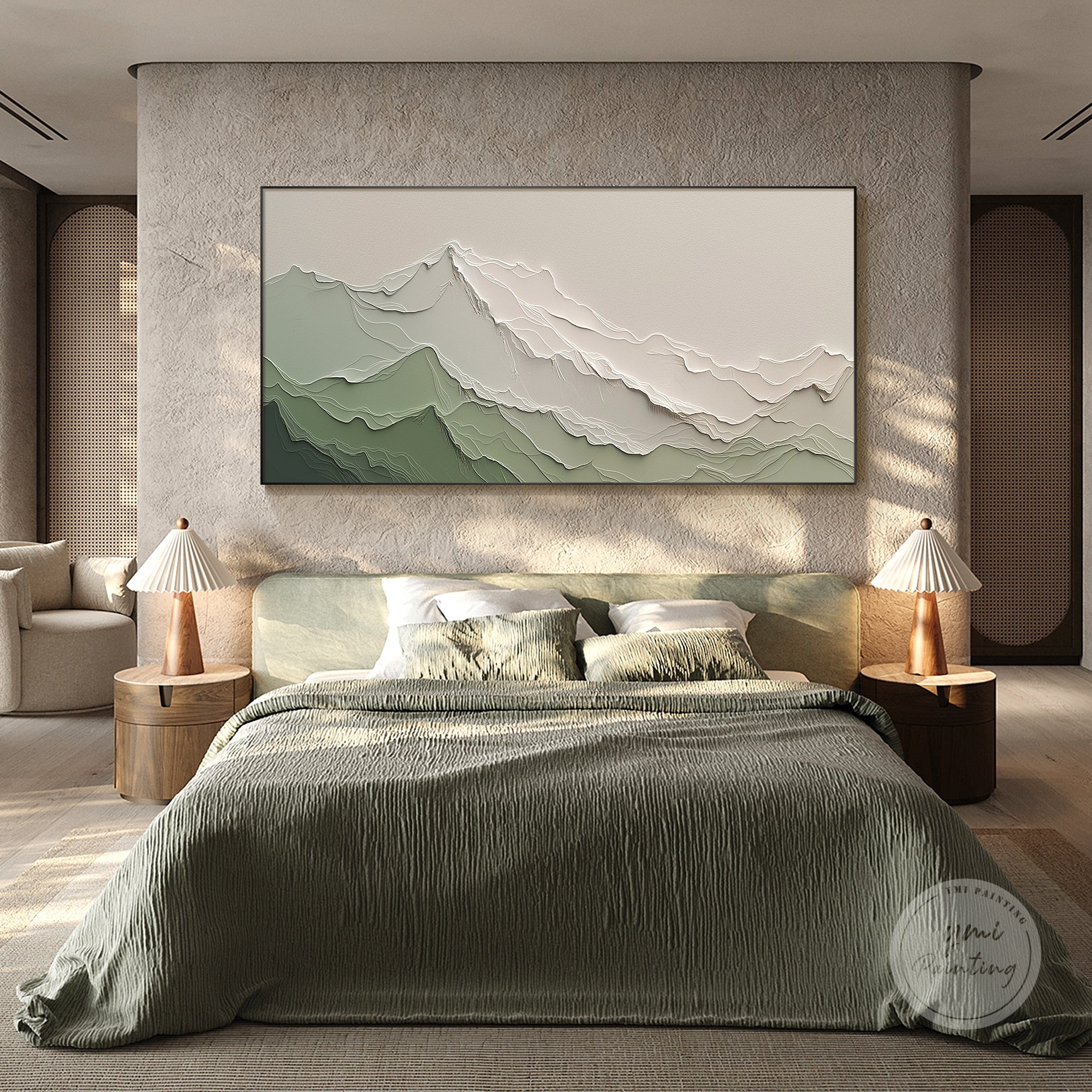 Abstract mountain wall art in green and beige gift for modern living room
