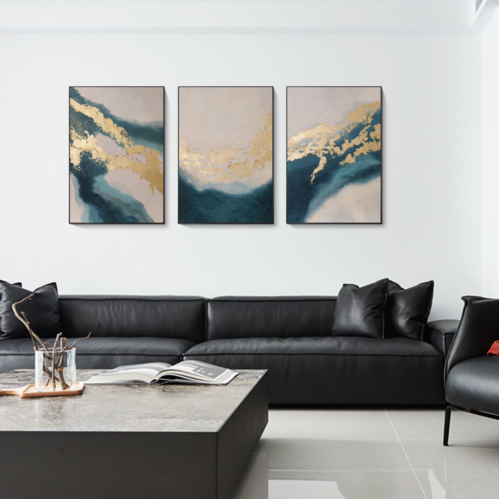 Turquoise and gold abstract canvas wall art creating a calm focal point in a living room