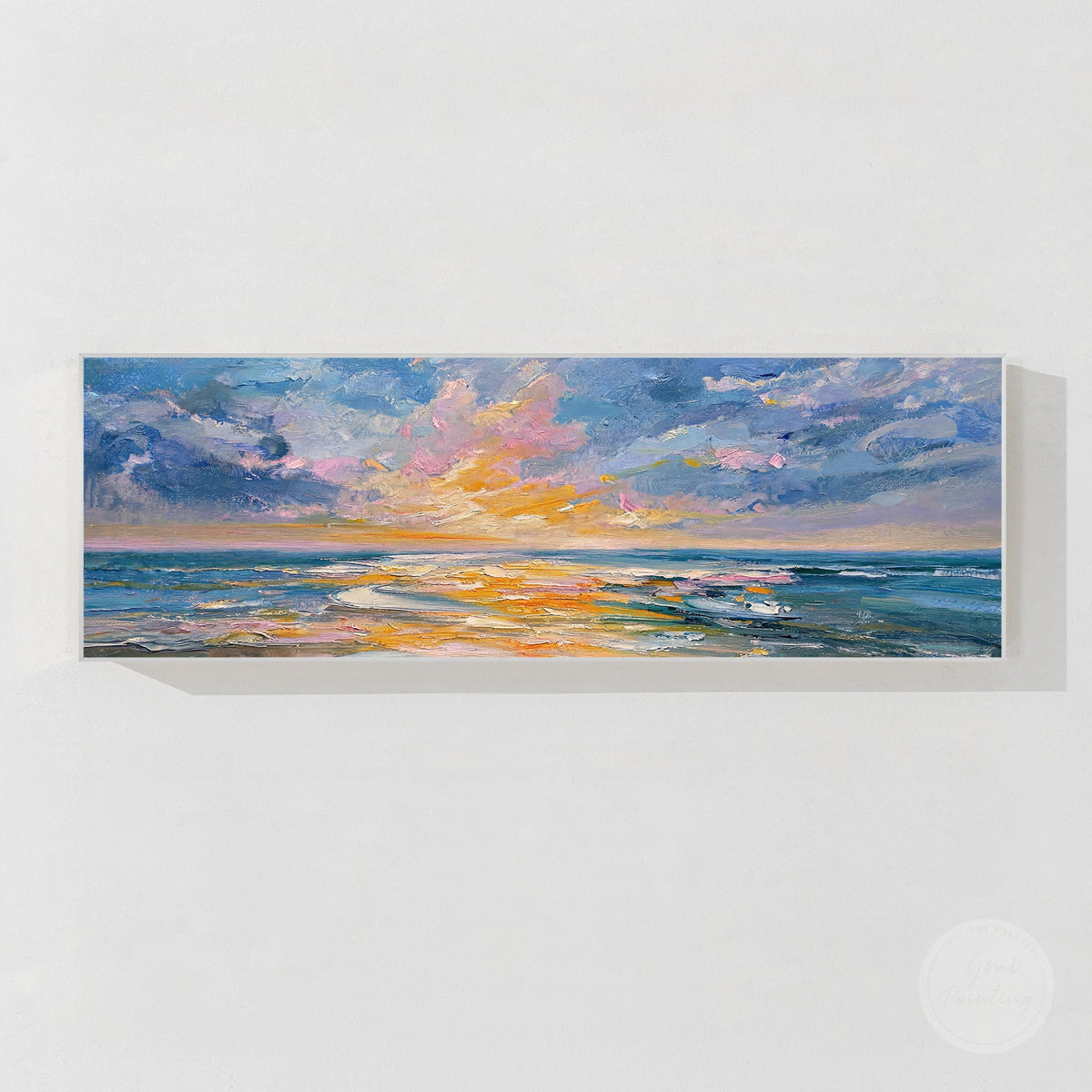Textured ocean wall art with blue teal pink lavender and golden yellow tones