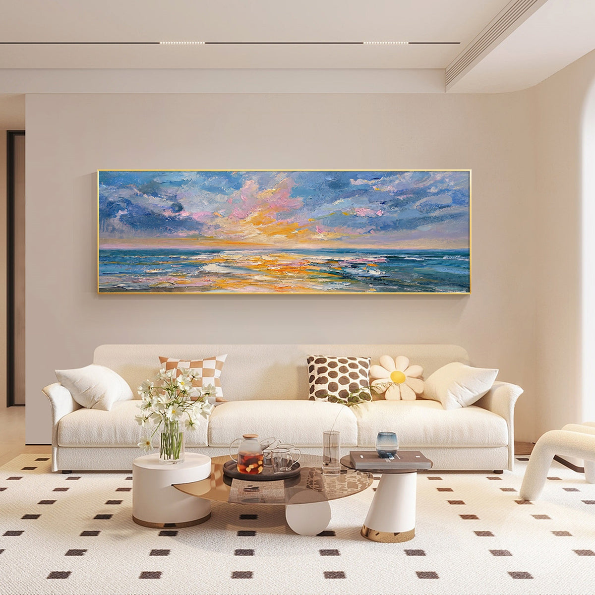 Blue and gold abstract ocean painting with textured palette knife brushwork