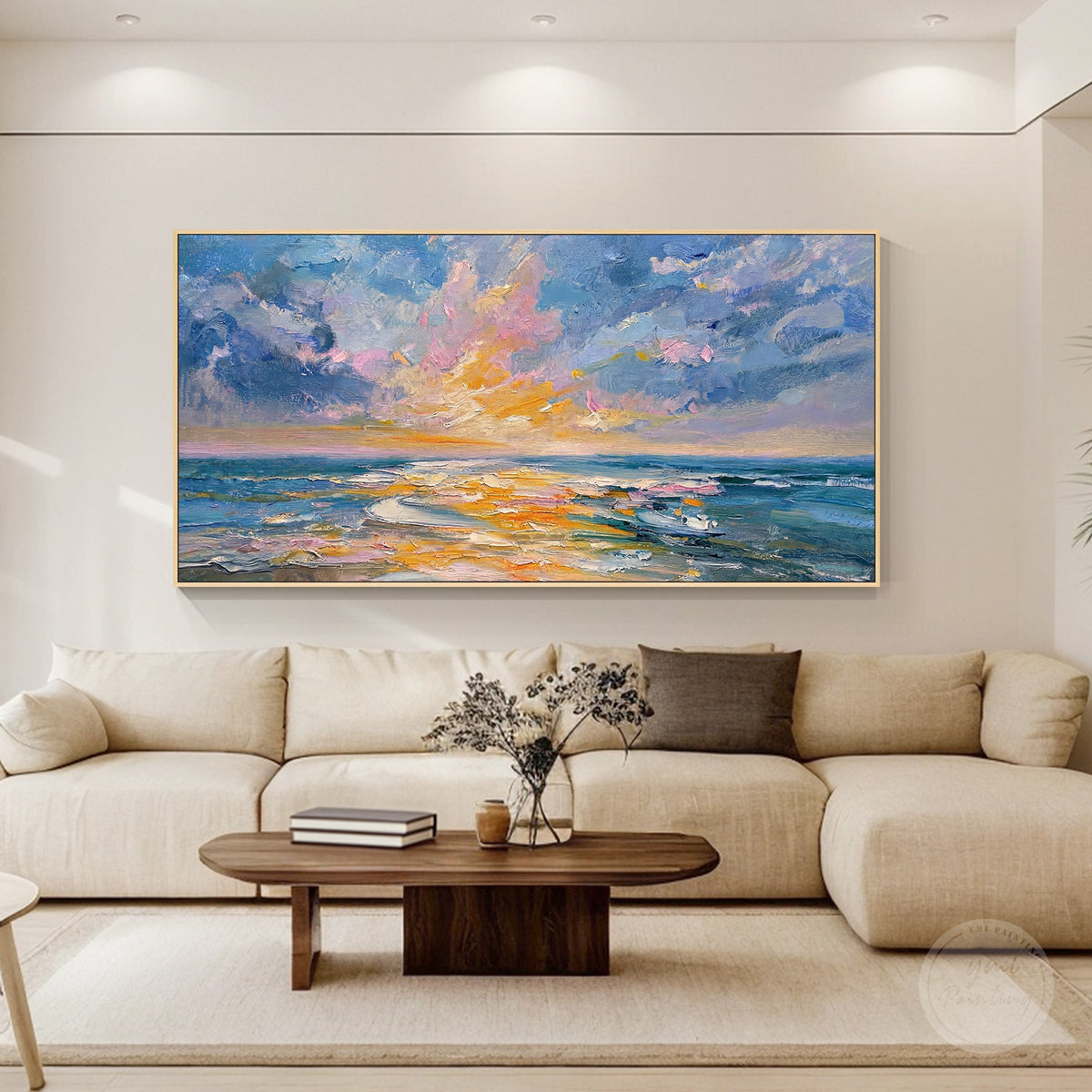 Abstract coastal canvas art showing a wide ocean horizon and colorful sunset sky
