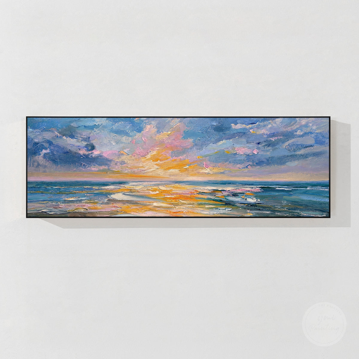 Contemporary abstract ocean artwork with layered blue waves and warm coastal colors