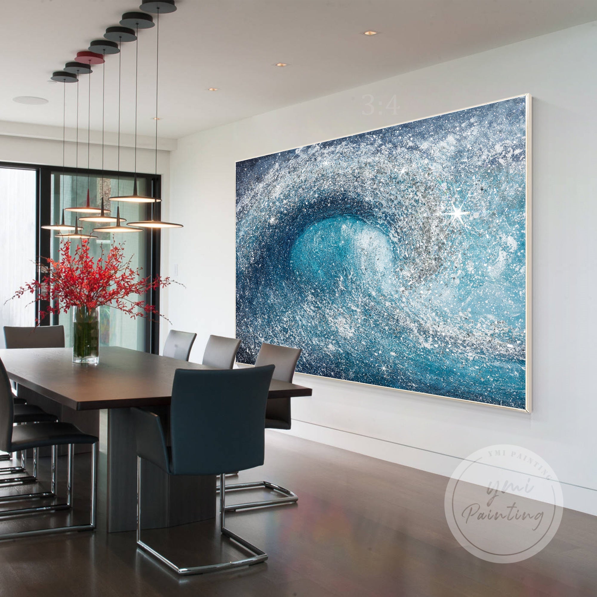 Modern abstract wave art with crushed glass details