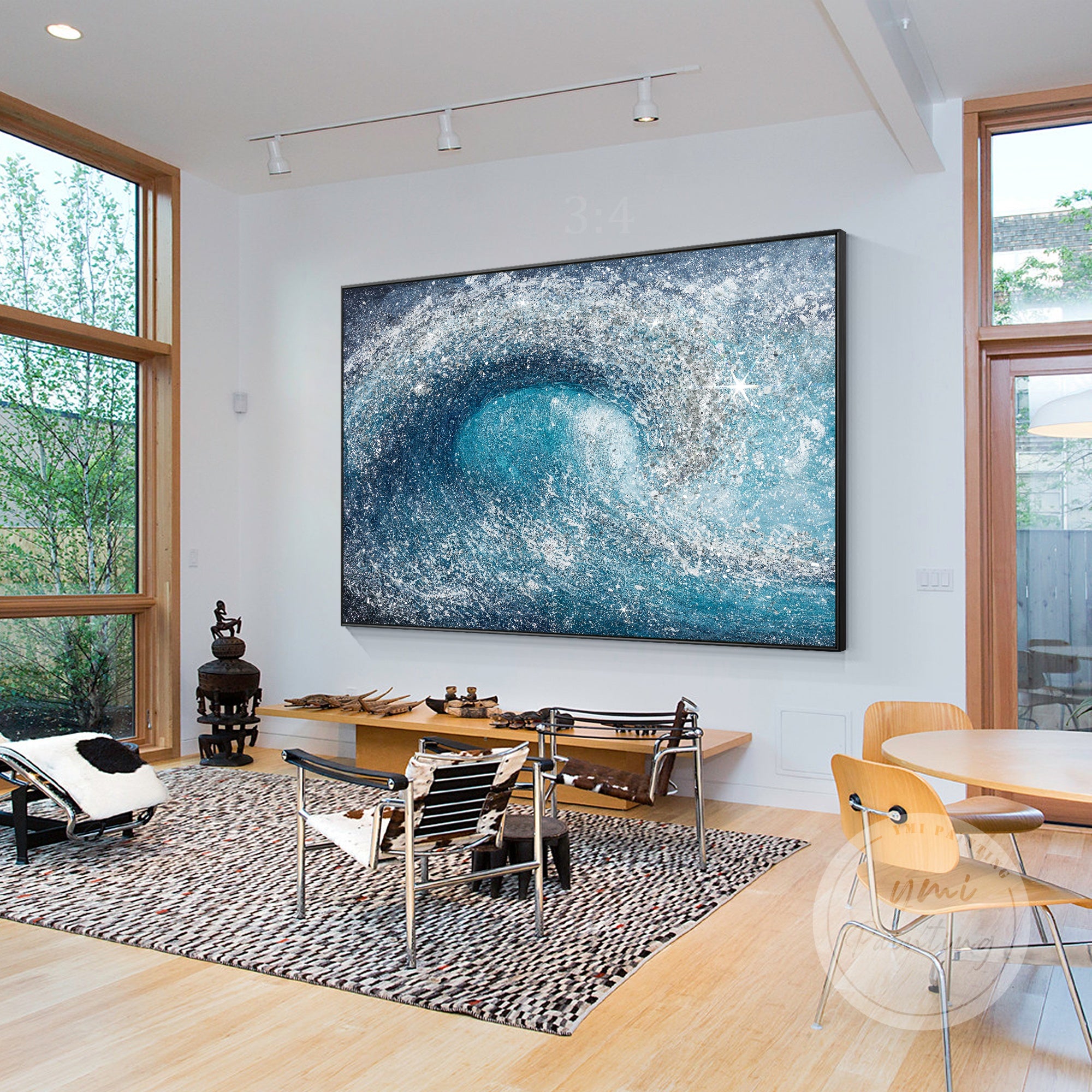 Abstract ocean wave art with glitter and crushed glass