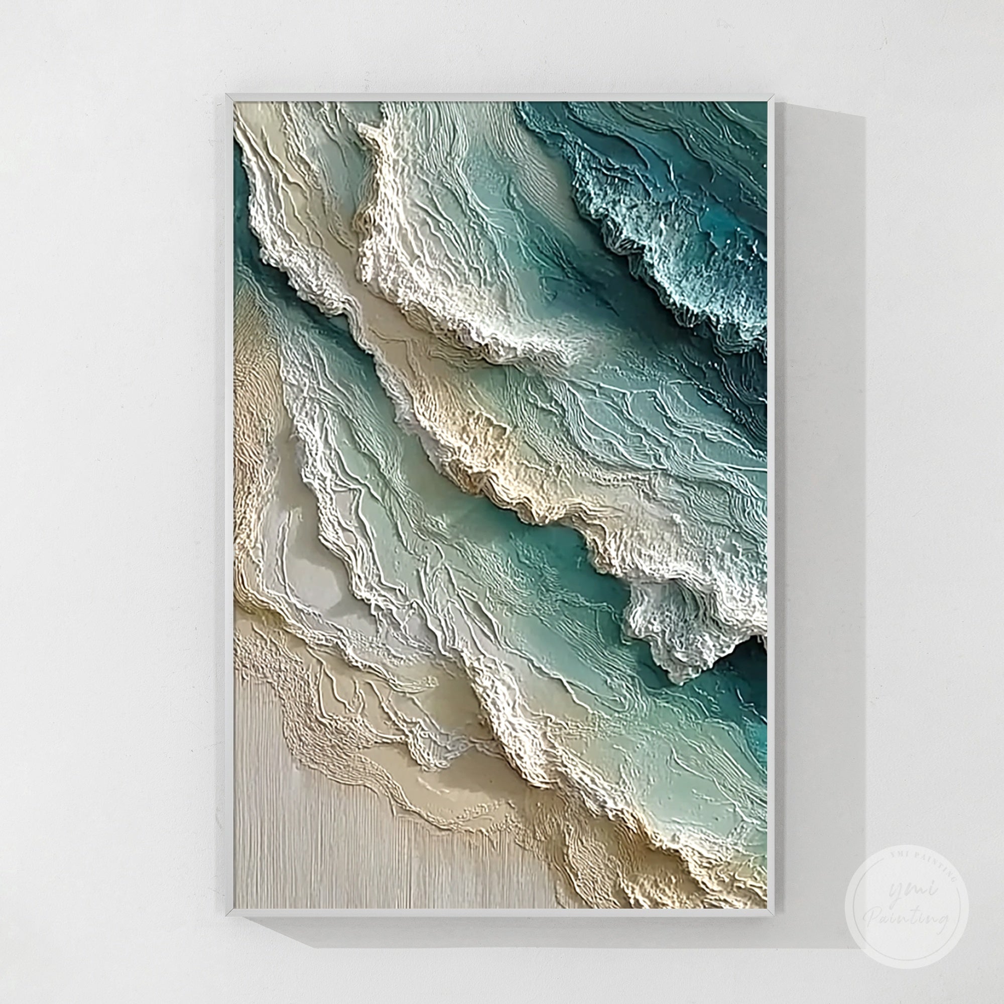 Abstract ocean wave canvas art above modern neutral living room sofa interior