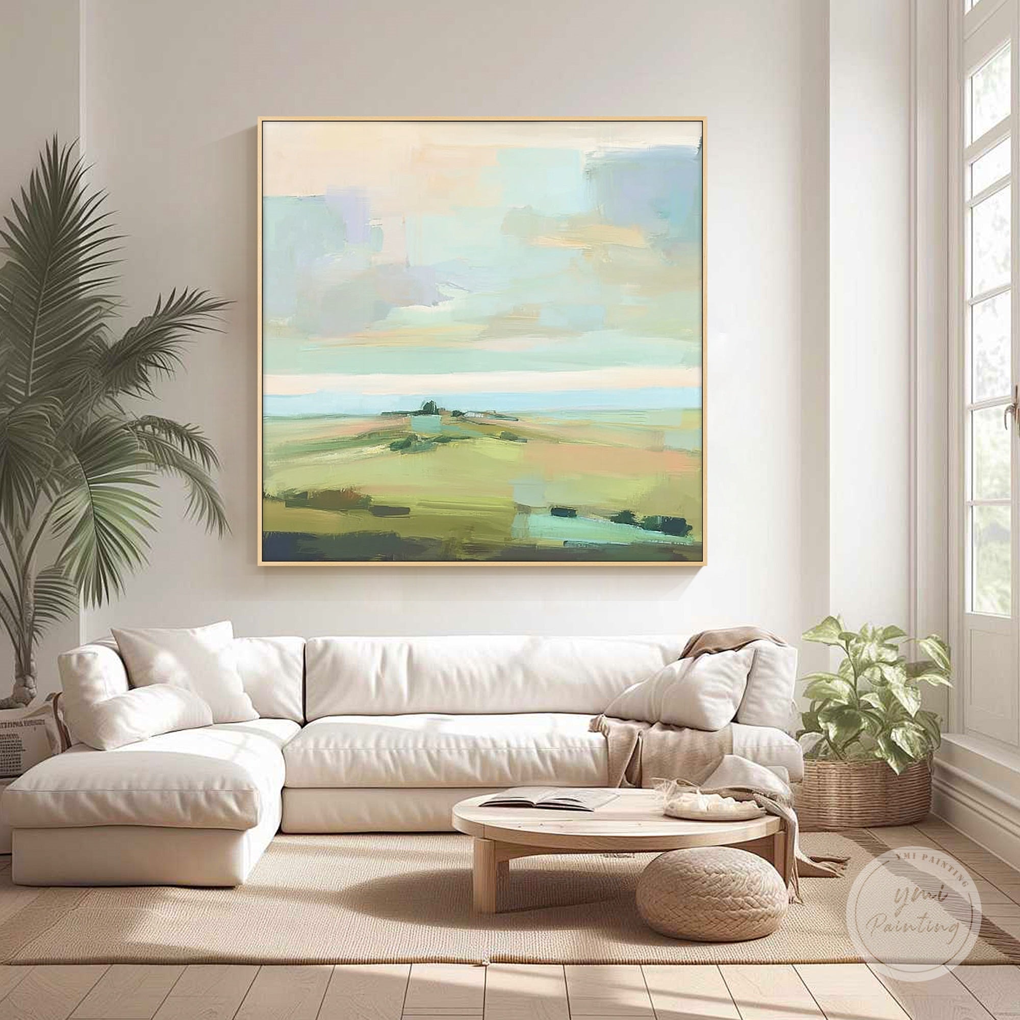 Hand painted abstract pastel landscape square canvas art displayed in a modern living room