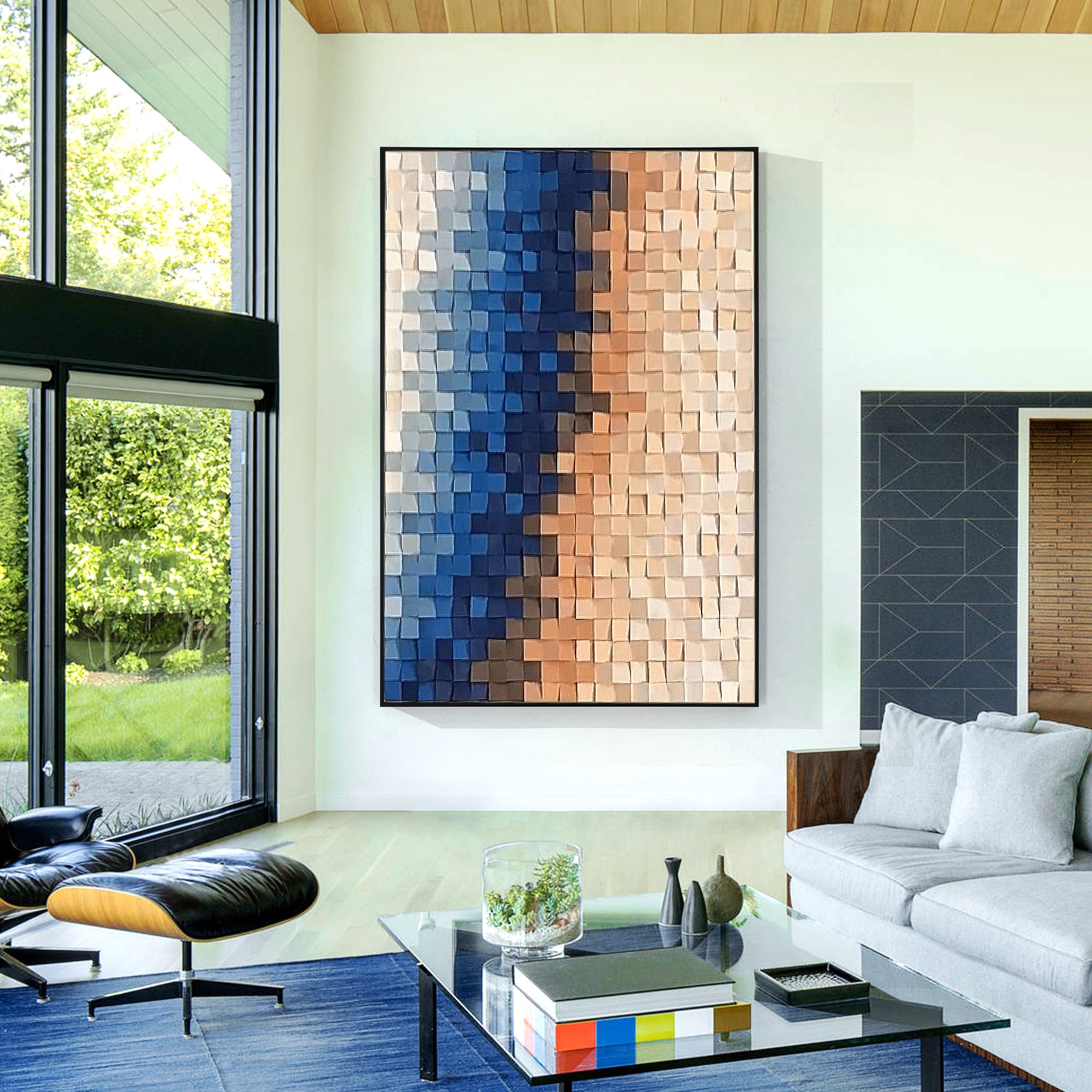 Modern abstract art with wooden tiles in blue and peach tones, transitioning seamlessly to evoke a sense of calm and balance.