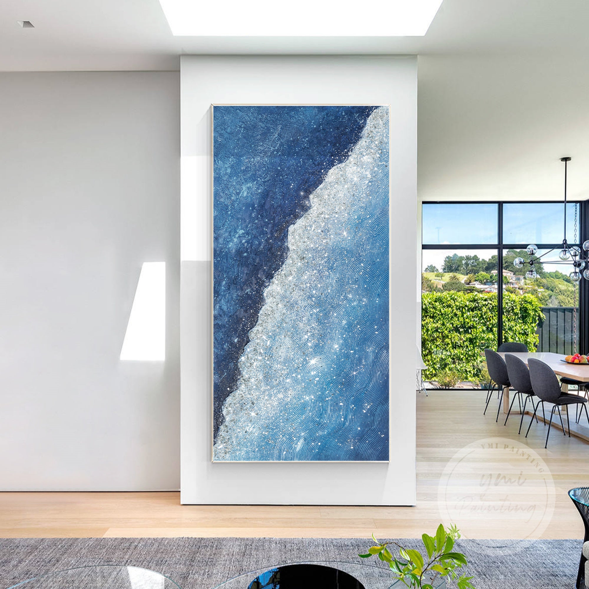 shimmering blue ocean wave with glitter for modern interiors