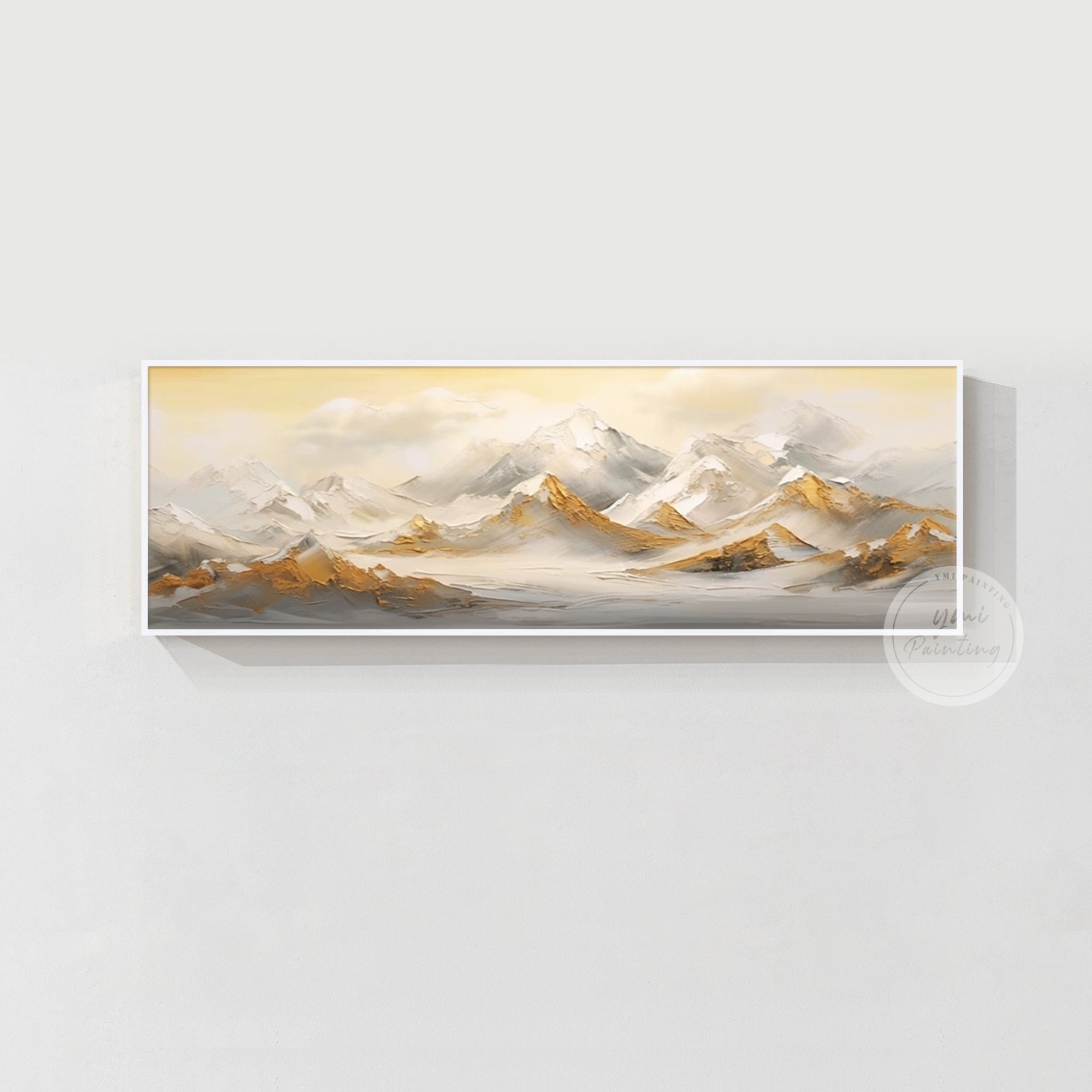 Horizontal mountain abstract painting hanging in a serene bedroom space, meaningful gift for her