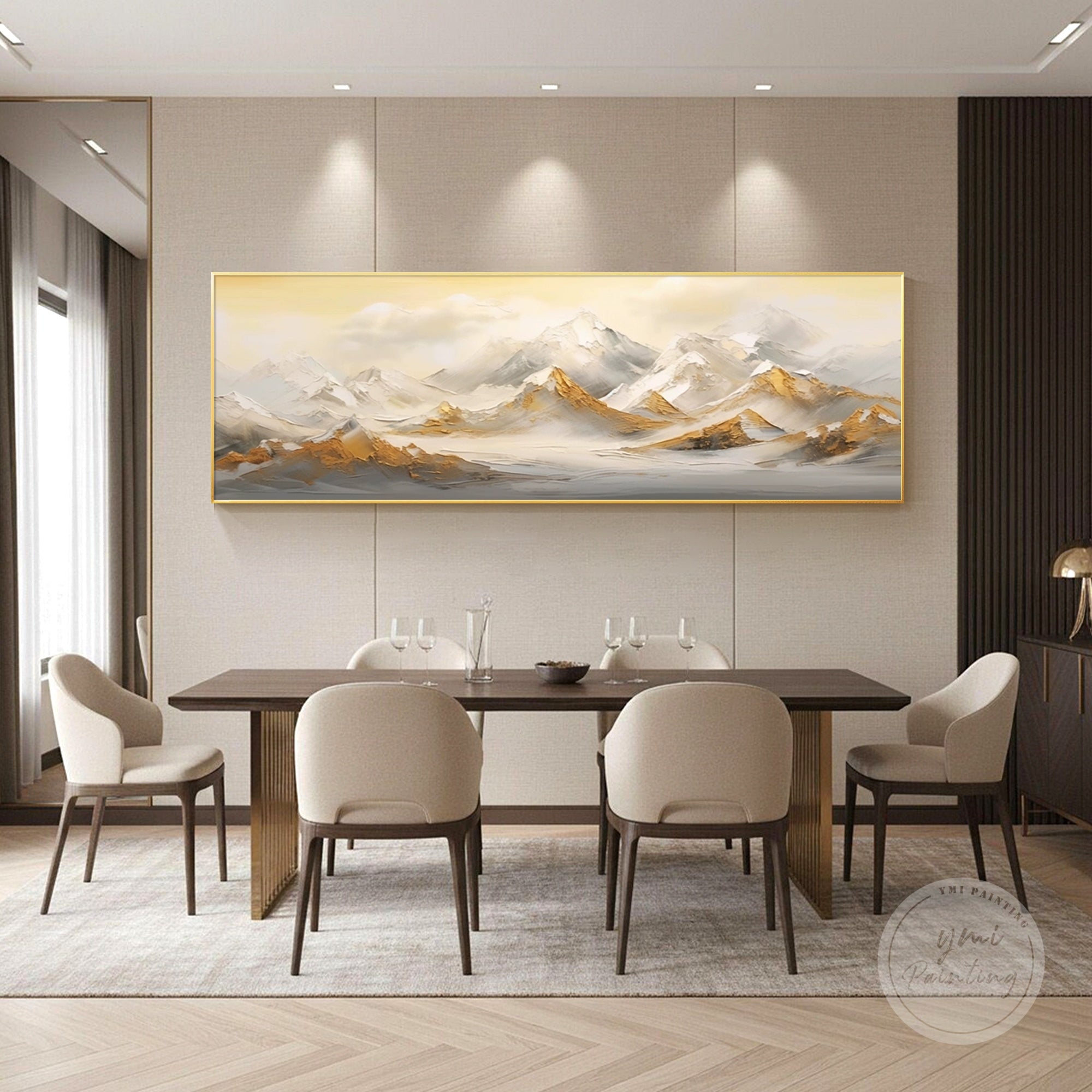 Neutral mountain landscape artwork hanging in a quiet reading room, thoughtful gift for nature lovers