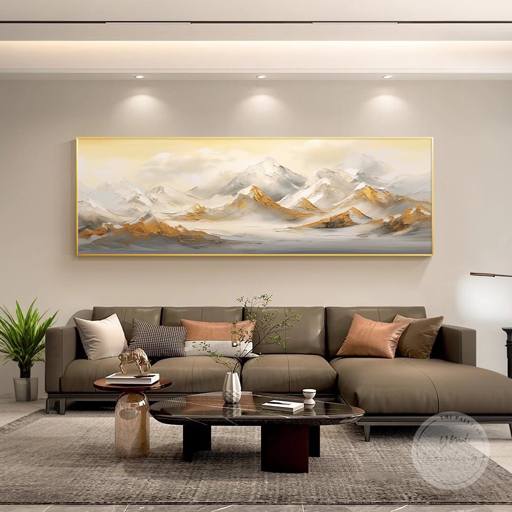 Abstract snow mountain painting displayed in a high-end apartment, stylish gift for homeowners
