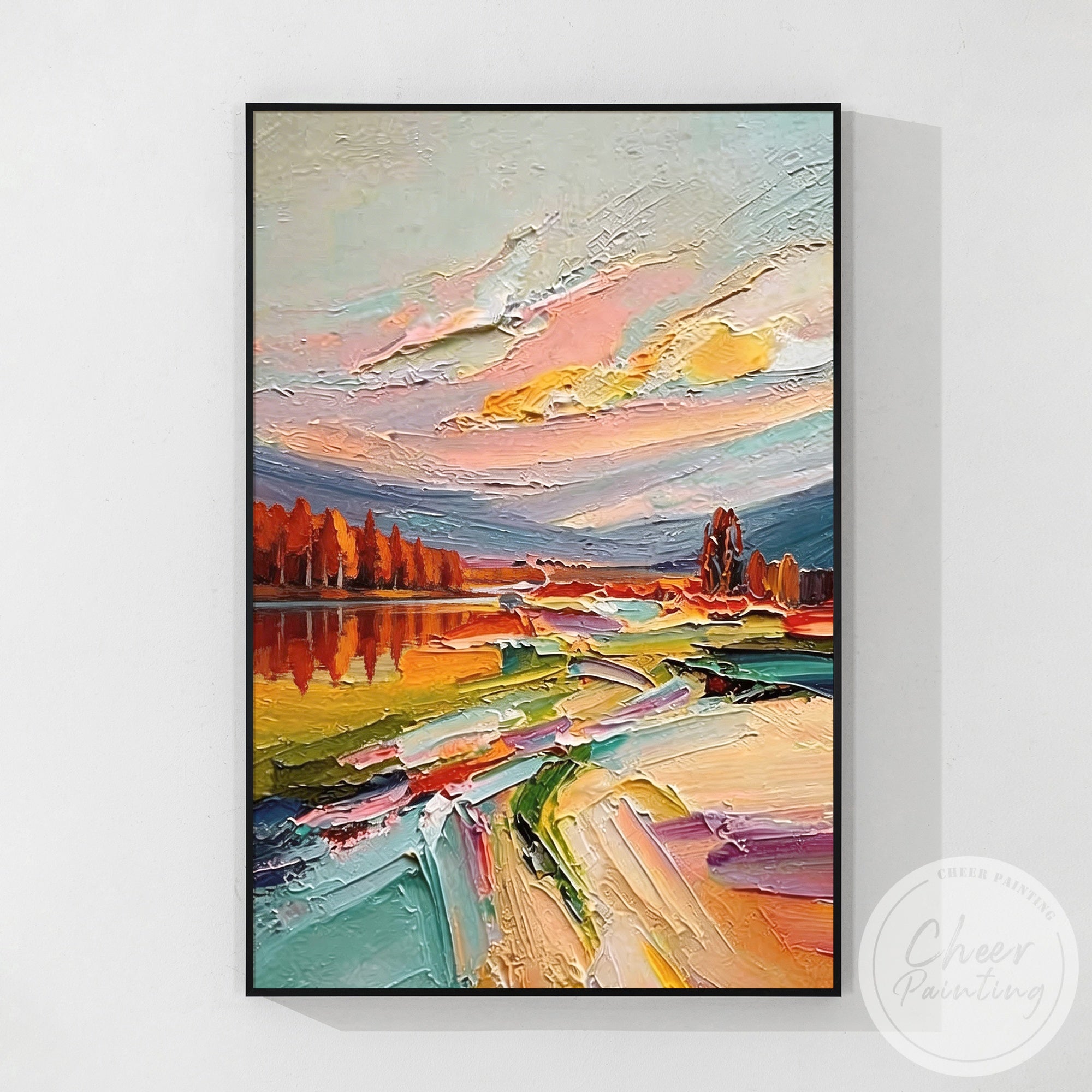 カラフルな風景画 抽象的な川の夕焼けテクスチャーアート