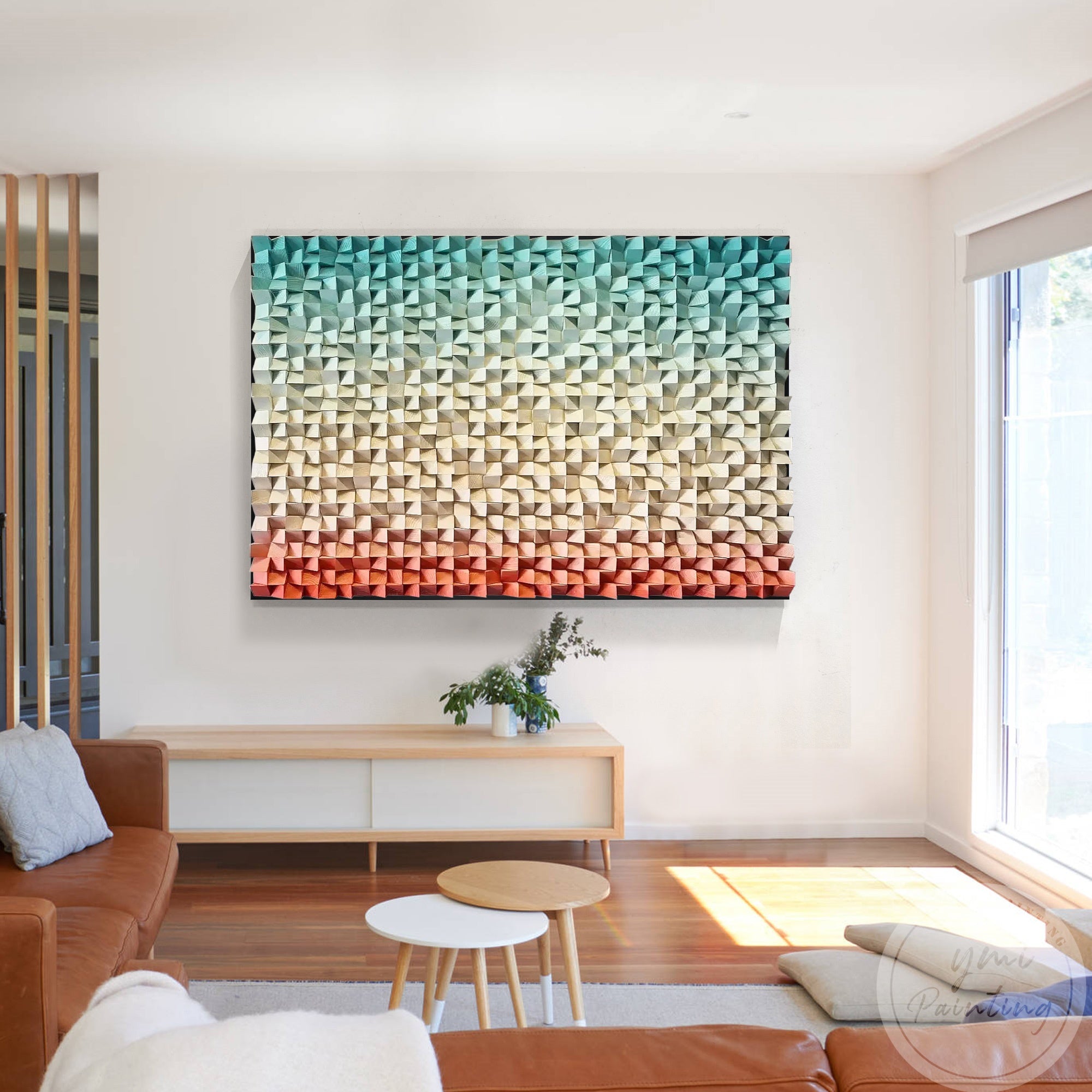 Dynamic abstract painting in teal and coral gradient, bringing balance and elegance to a contemporary master bedroom.
