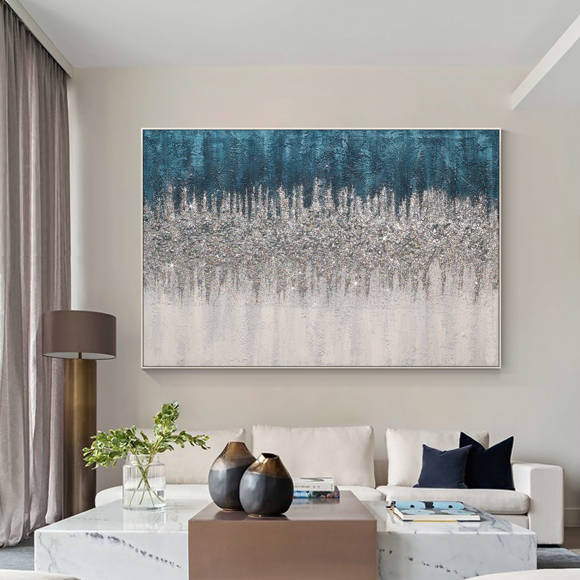Abstract turquoise glitter canvas artwork used as a focal piece in a living room