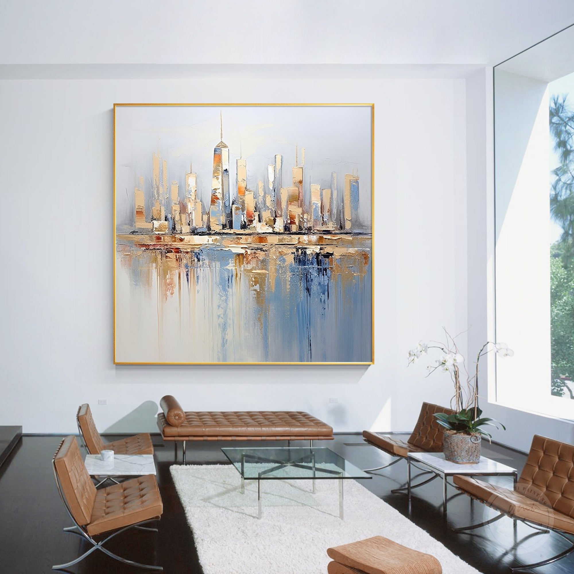 Abstract cityscape artwork featuring reflective water