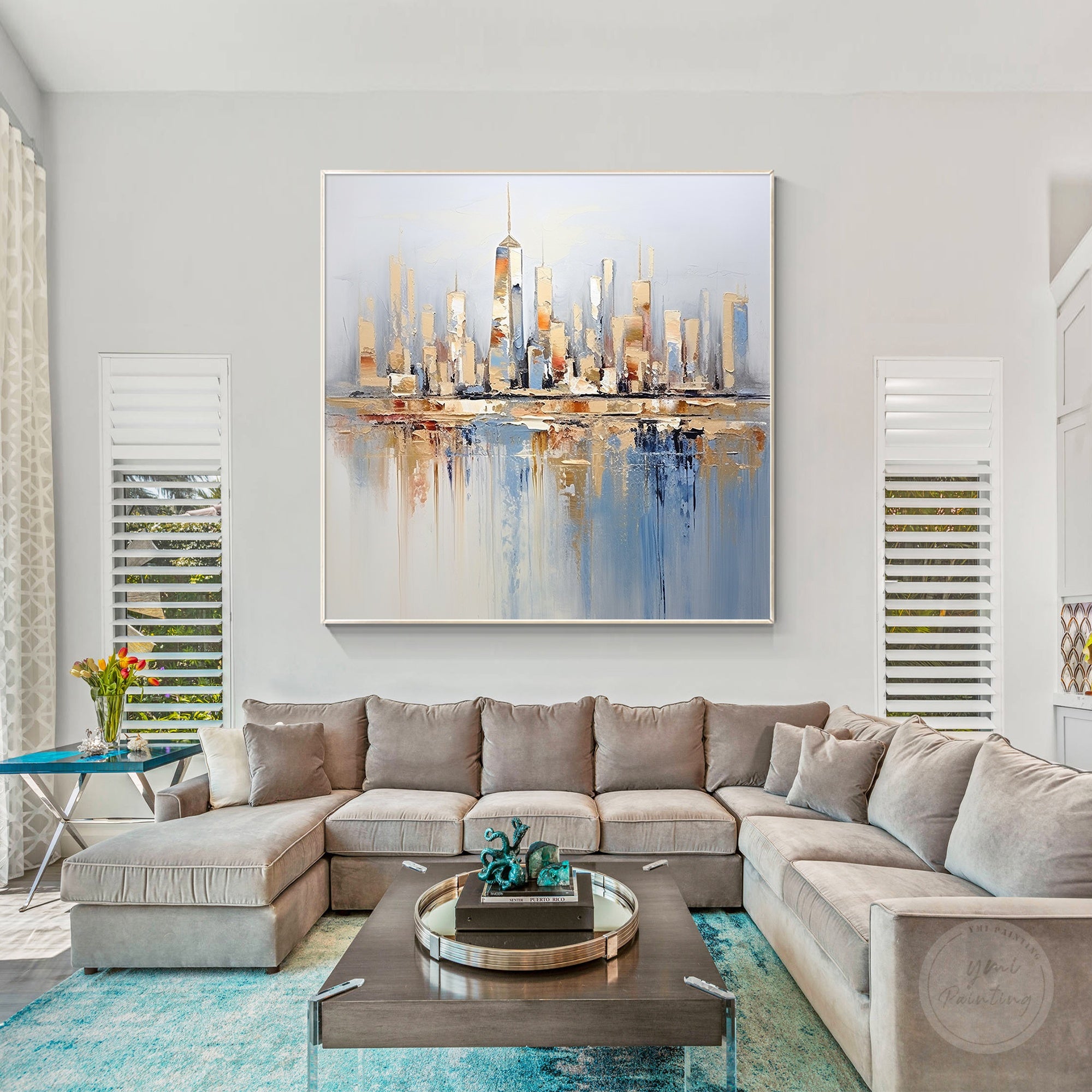 Contemporary skyline painting with blue and gold tones