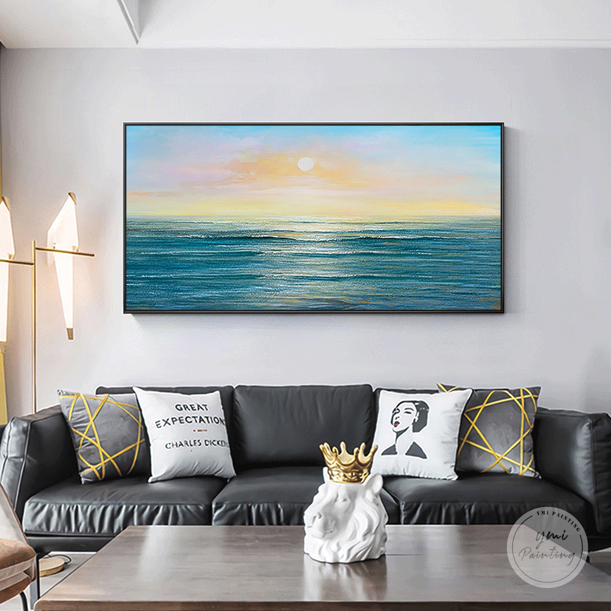 Abstract vast ocean sunset painting textured canvas wall art in modern living room