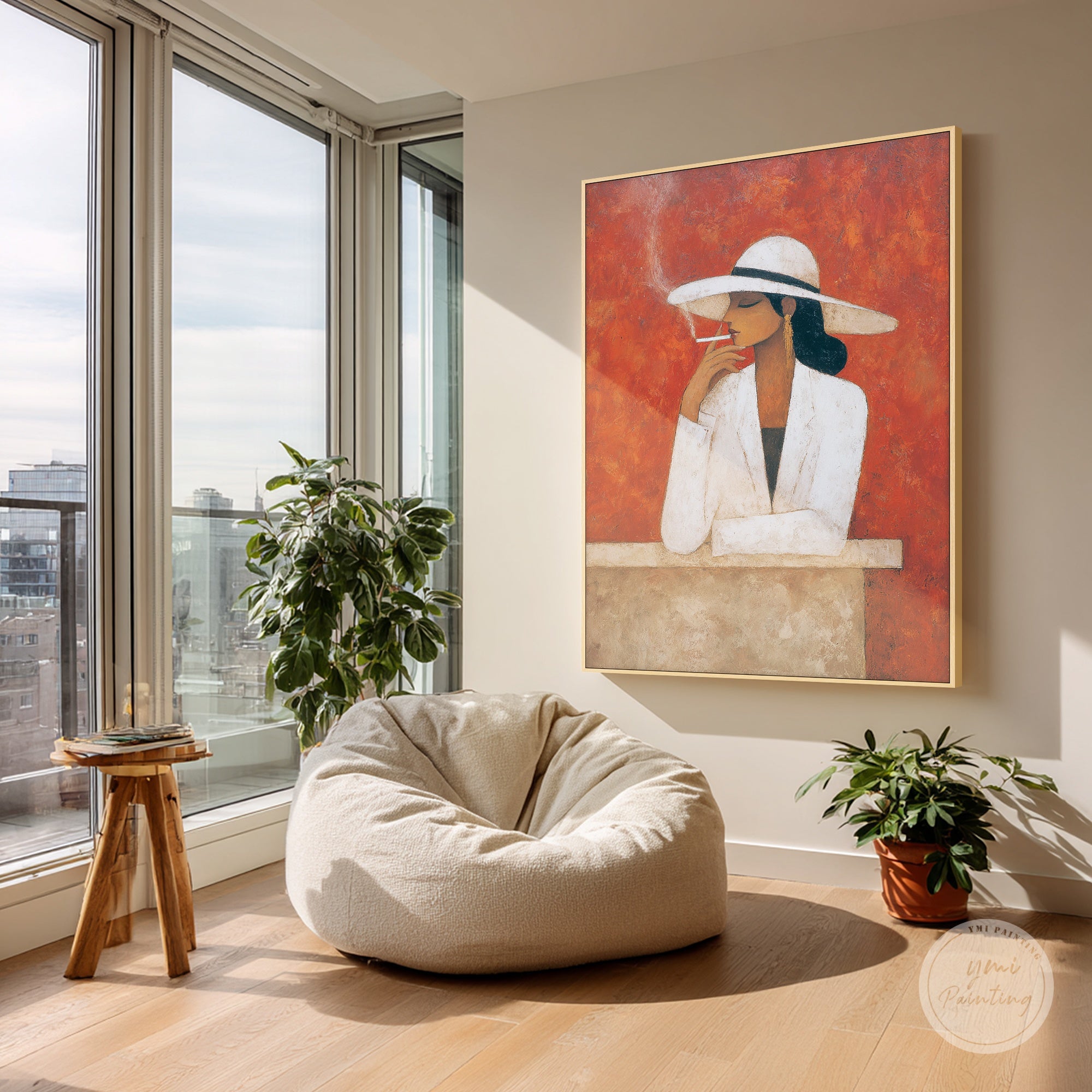 Modern abstract woman wall art in a contemporary lounge with elegant interior styling.