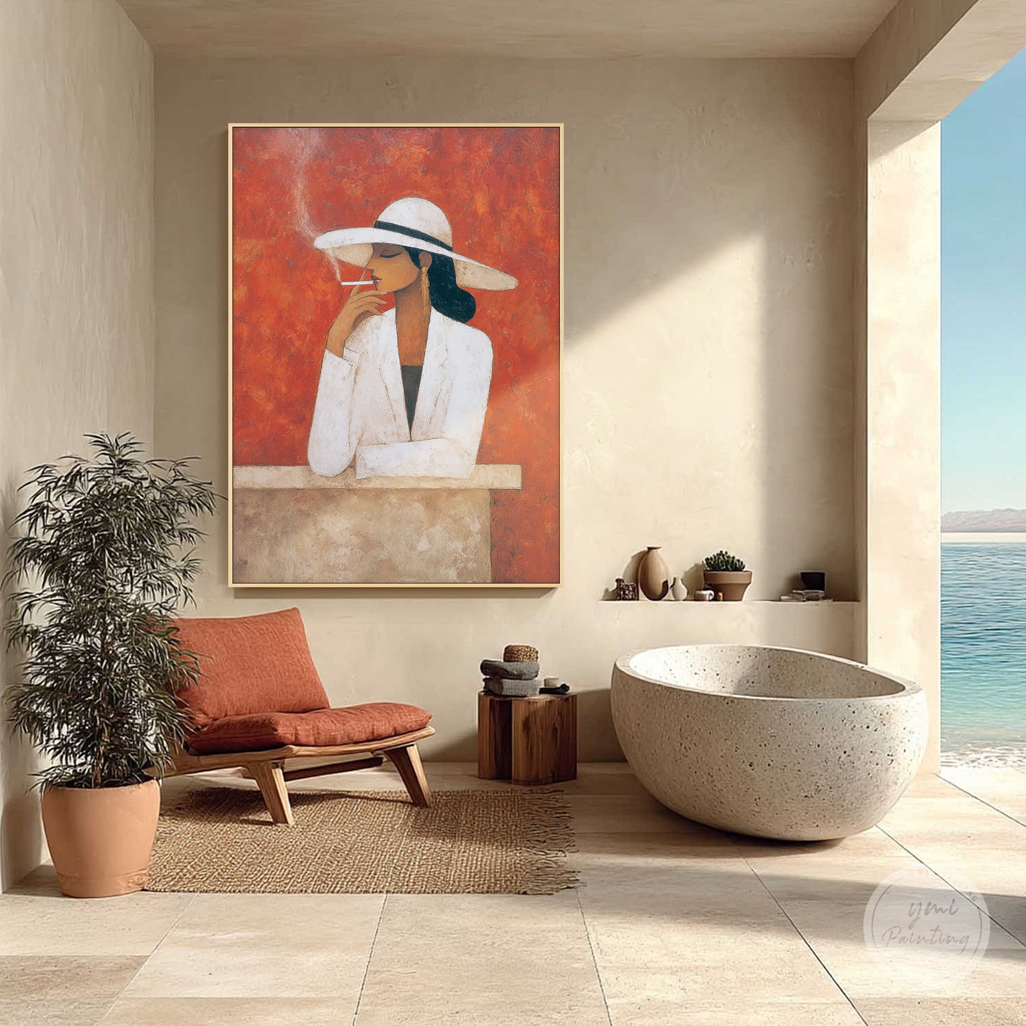 Minimalist female portrait canvas displayed along a hallway wall with modern design.