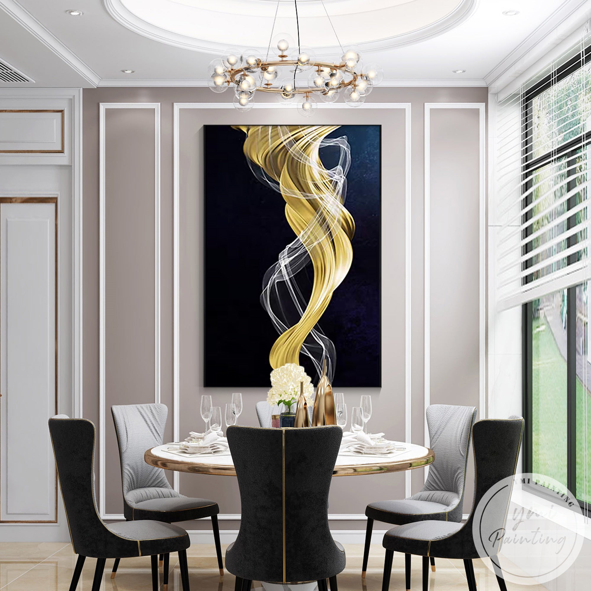 XL framed modern abstract painting with gold and navy ribbon design