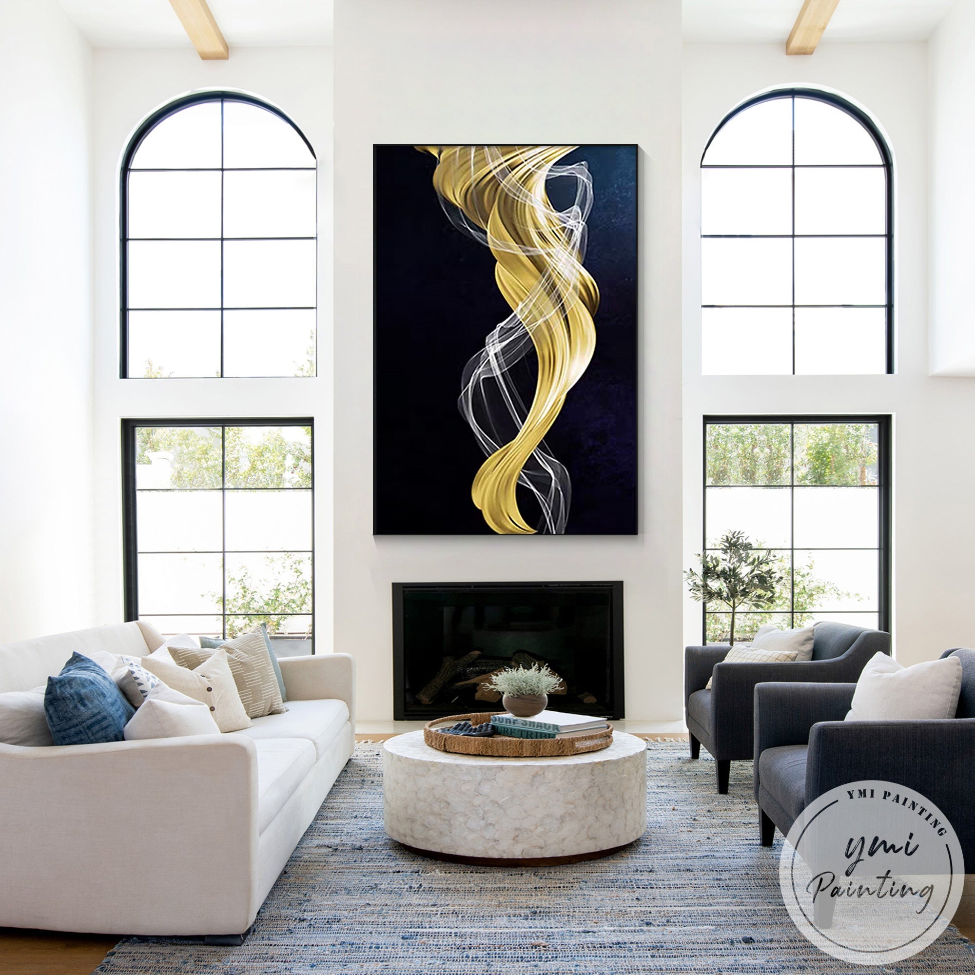 Elegant living room wall art in navy blue and gold contemporary style
