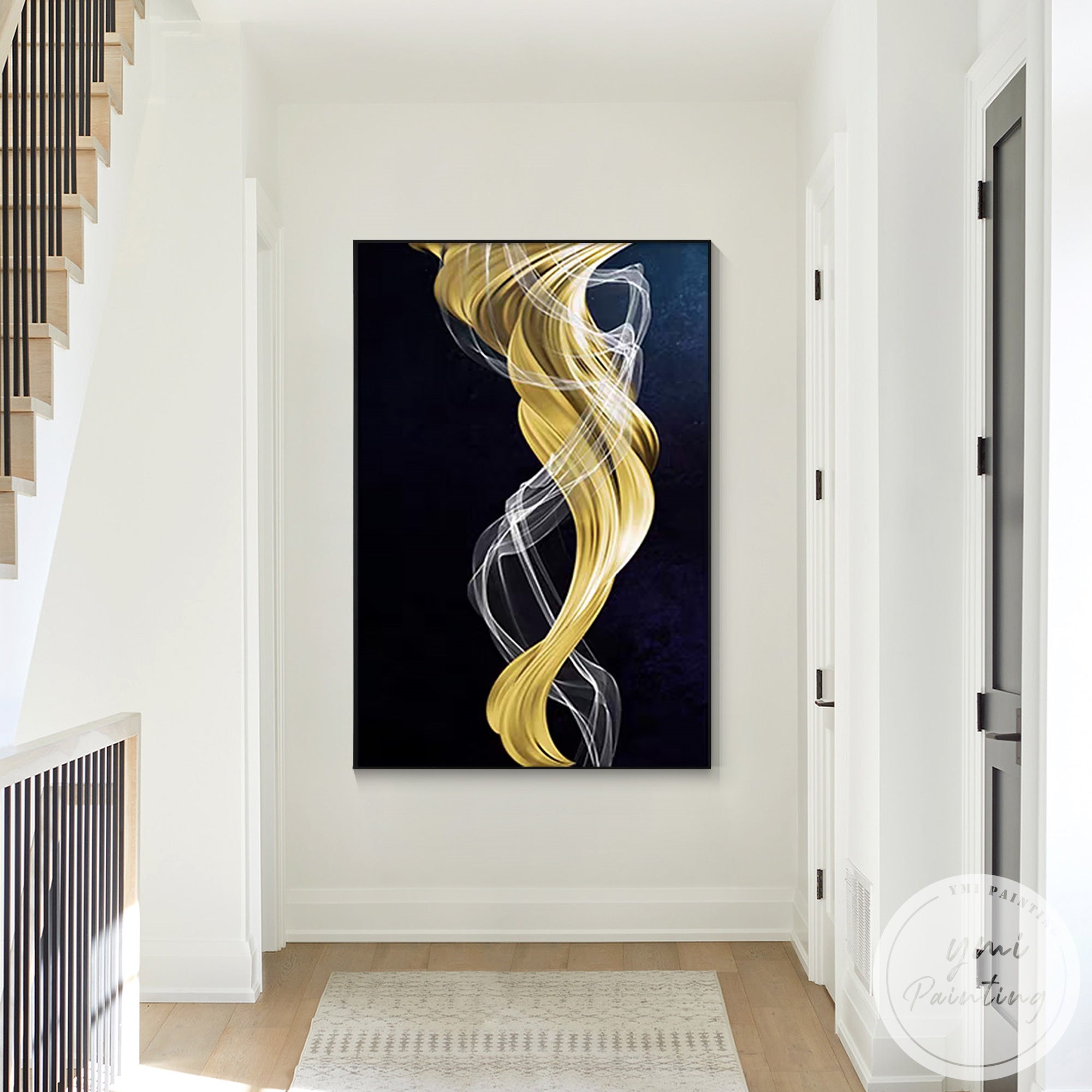 Large abstract ribbon artwork on canvas with luxury gold accents