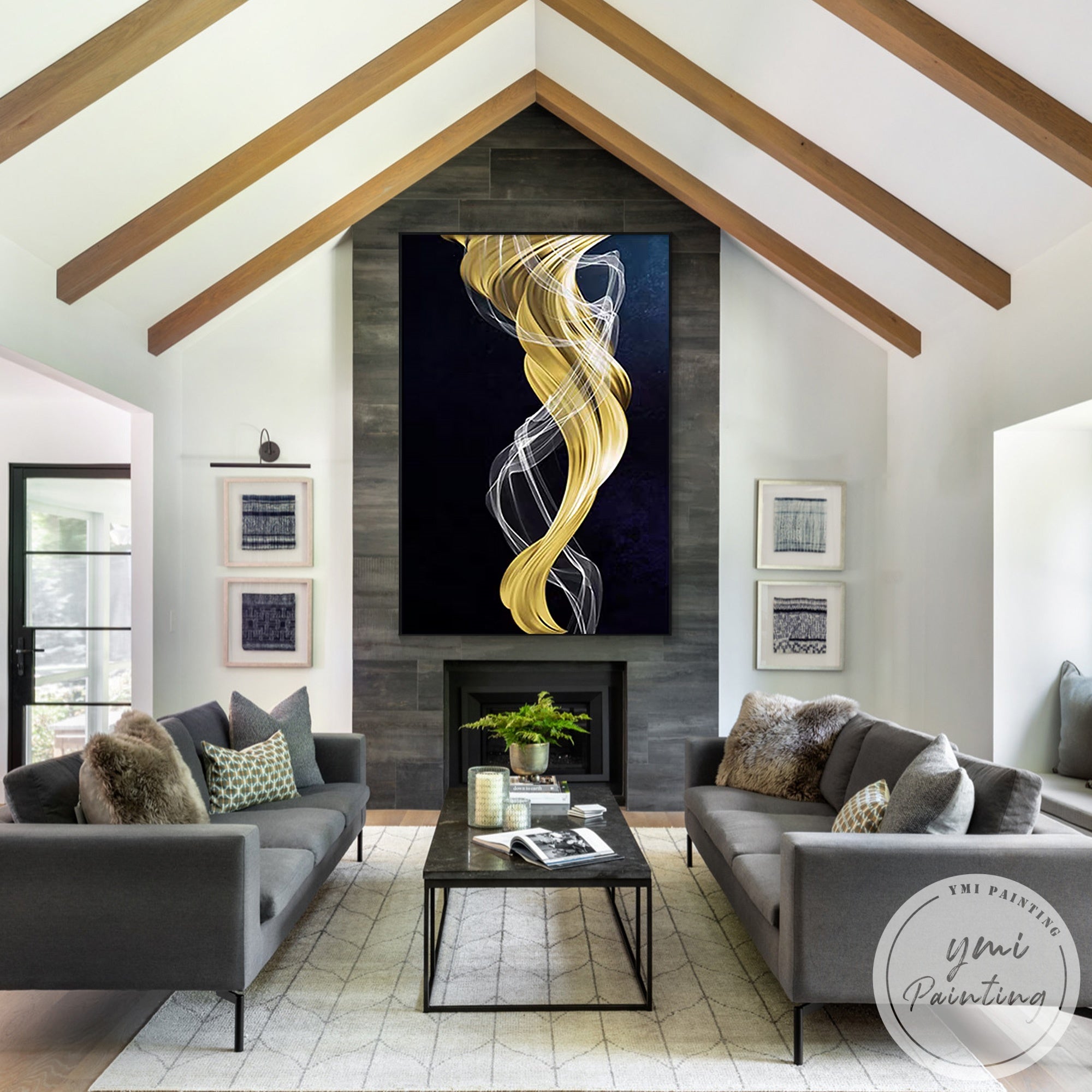 Modern framed wall decor with flowing gold and blue abstract lines