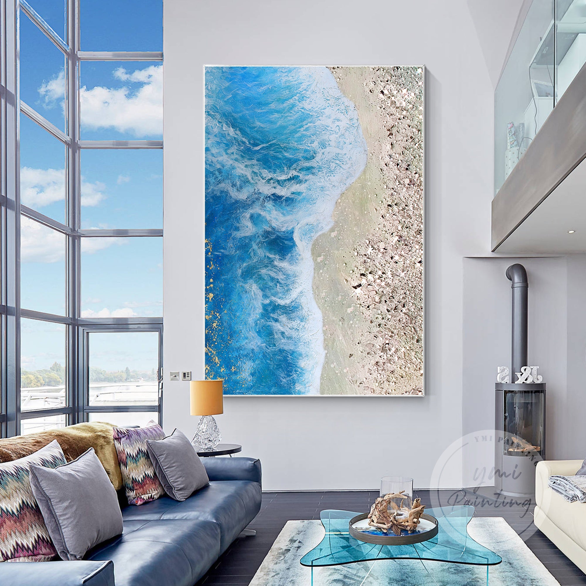 Aerial beach view painting with waves, gold foil, and crushed glass