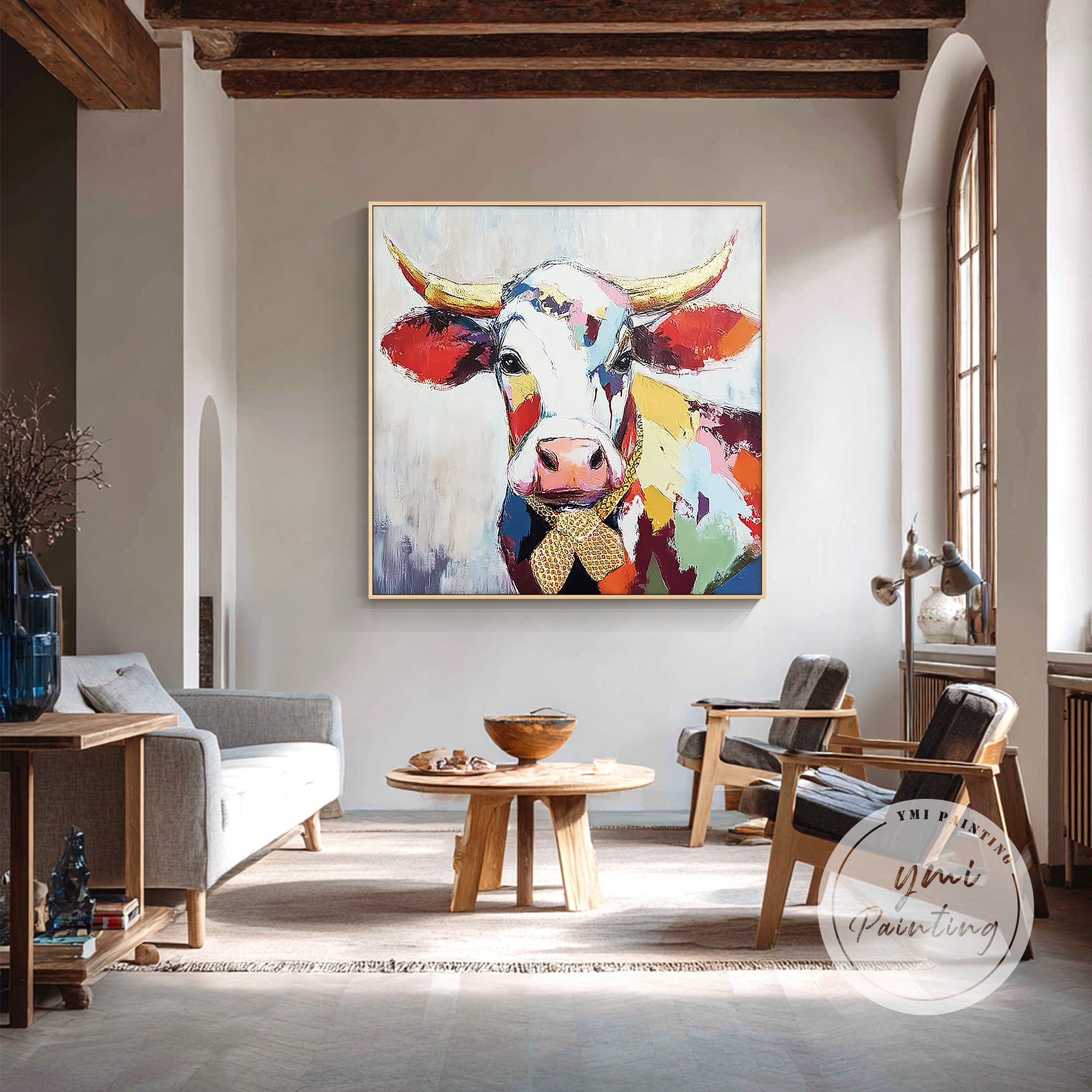 modern cow canvas wall art with expressive texture
