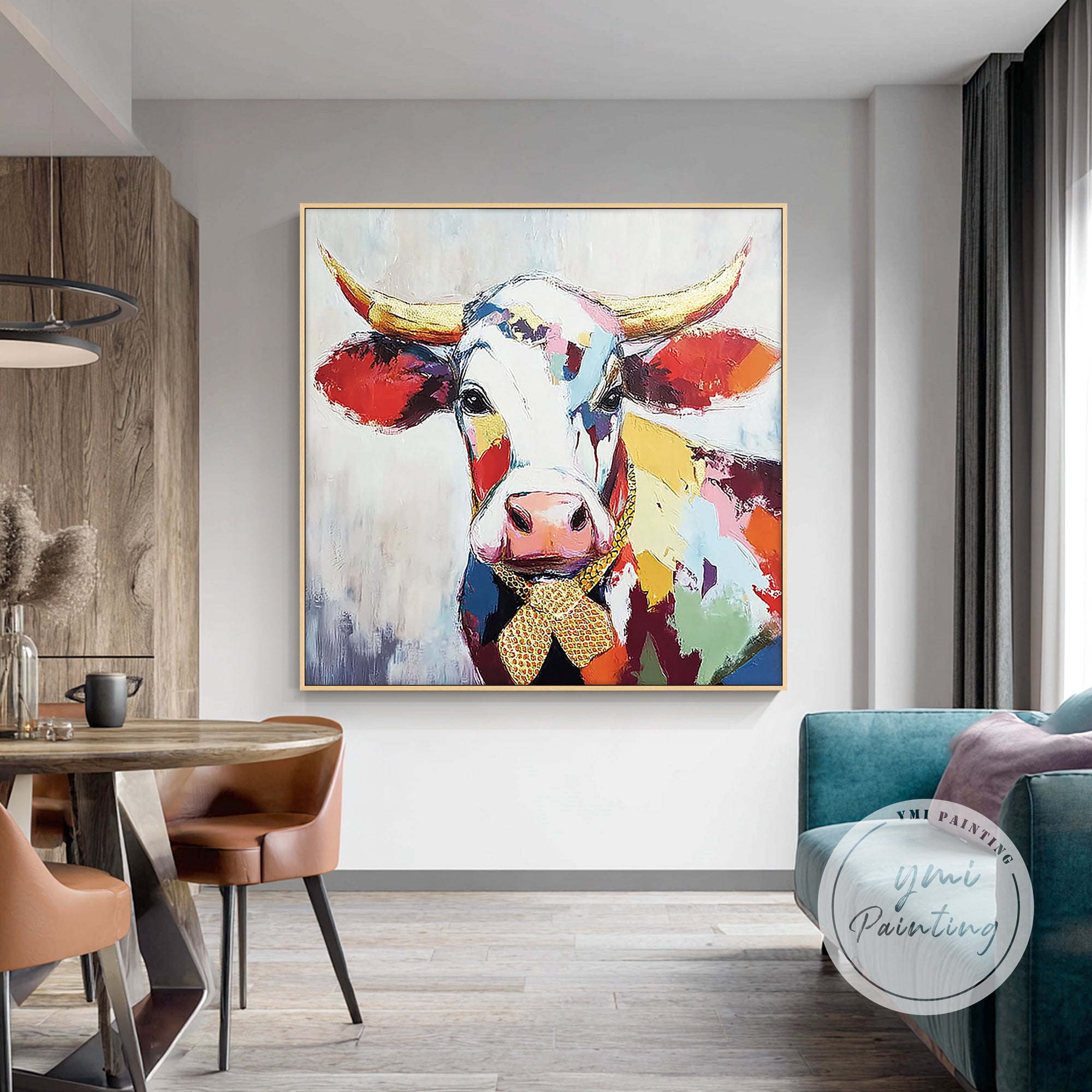 Colorful Cow Canvas Wall Art Modern Farm Animal Painting
