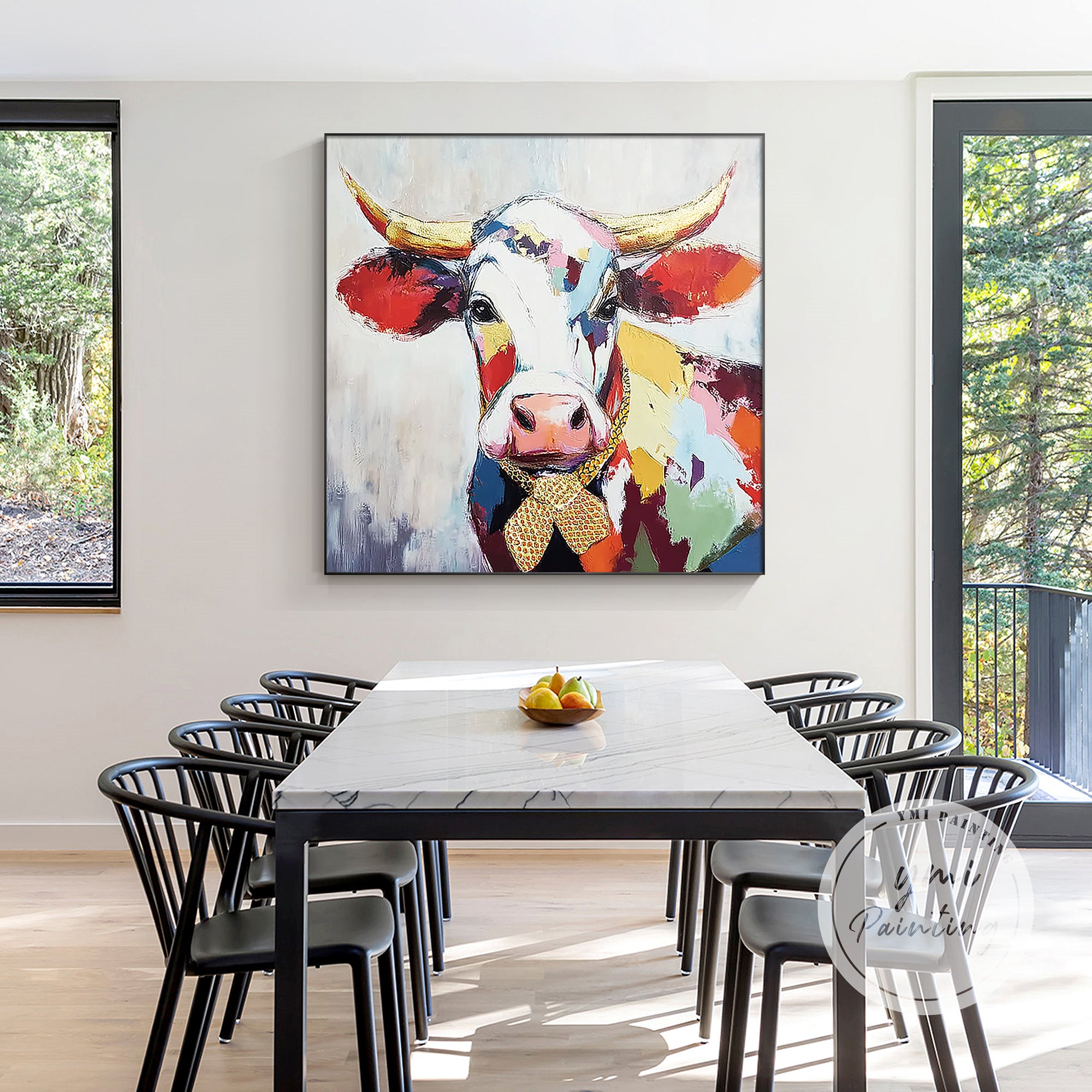 vibrant cow wall art canvas painting for home decor