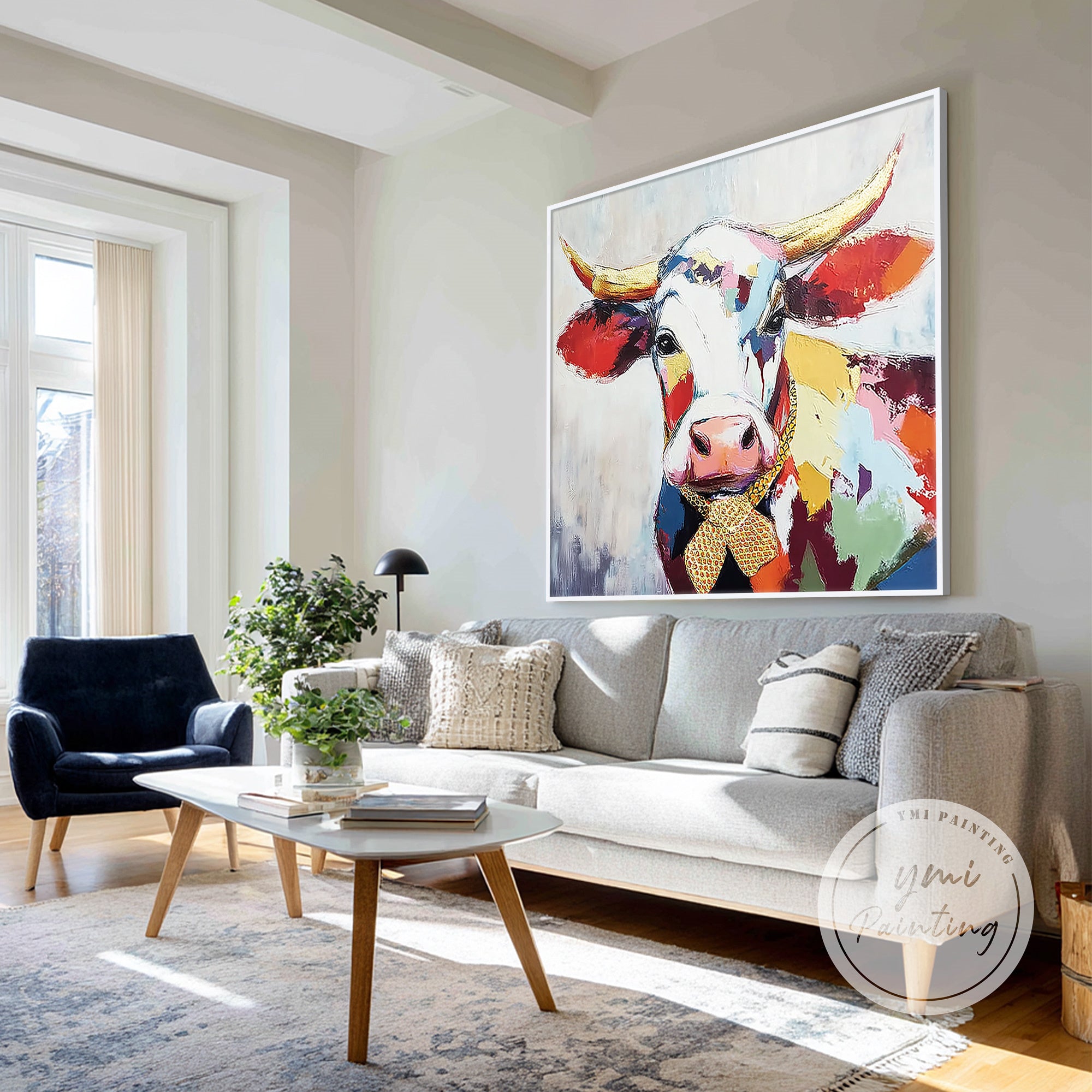 colorful abstract cow portrait artwork for modern interiors