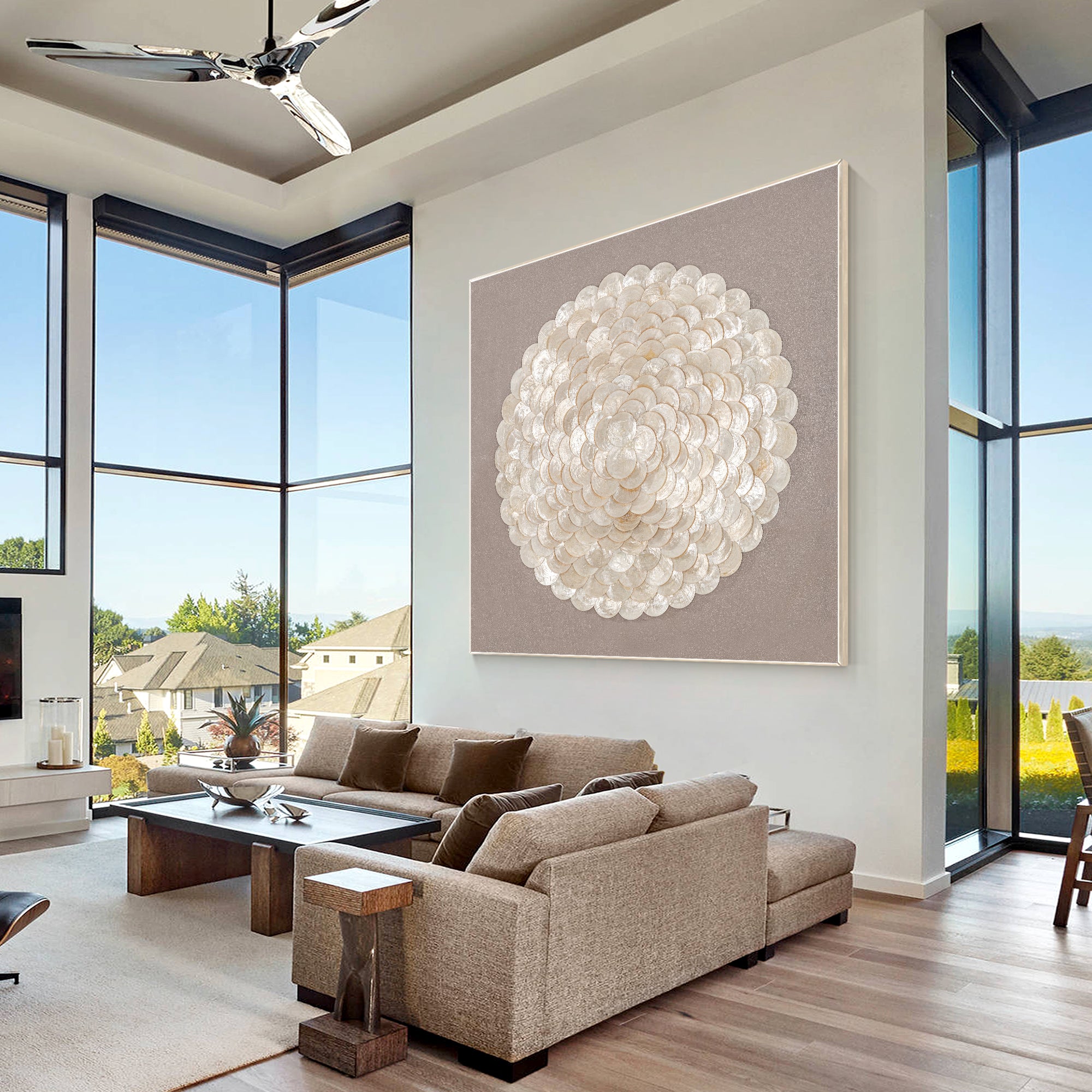 Detailed canvas painting of white seashells on a neutral background, emphasizing natural textures and subtle elegance.