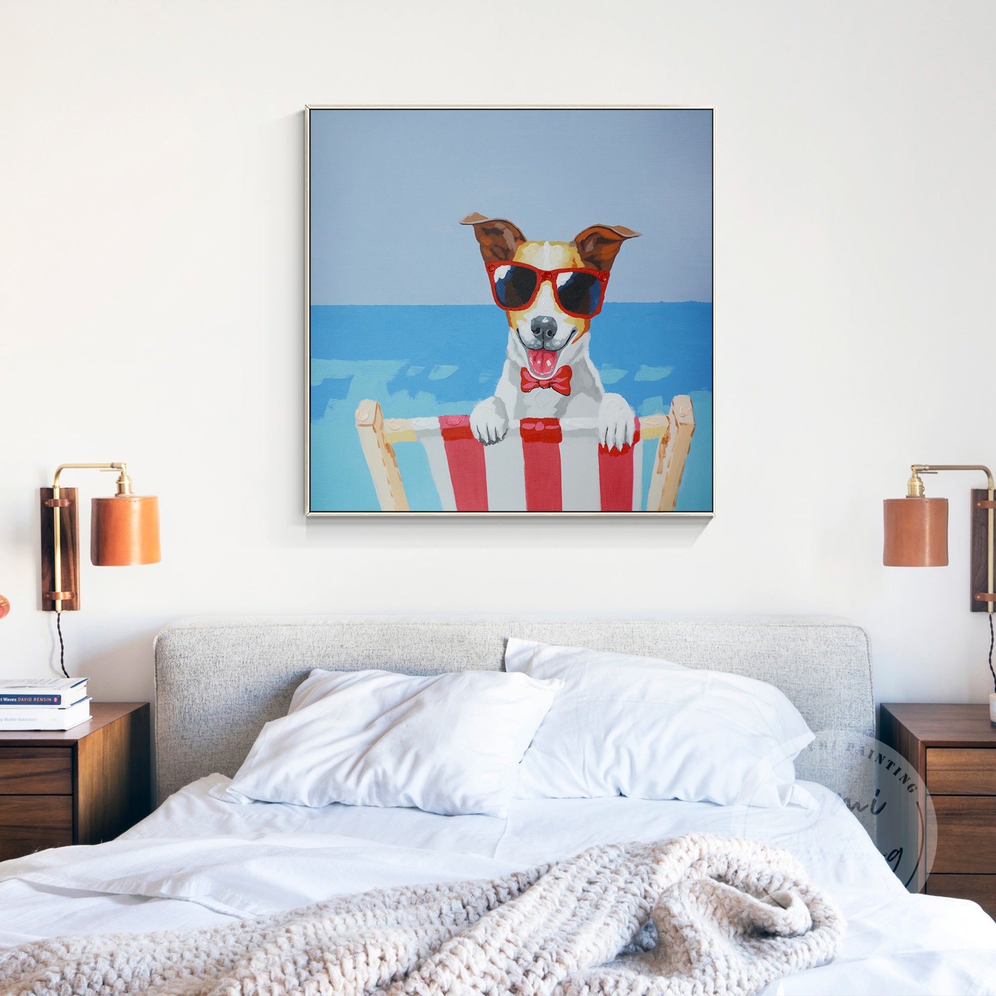 Happy dog wall art with a beach background