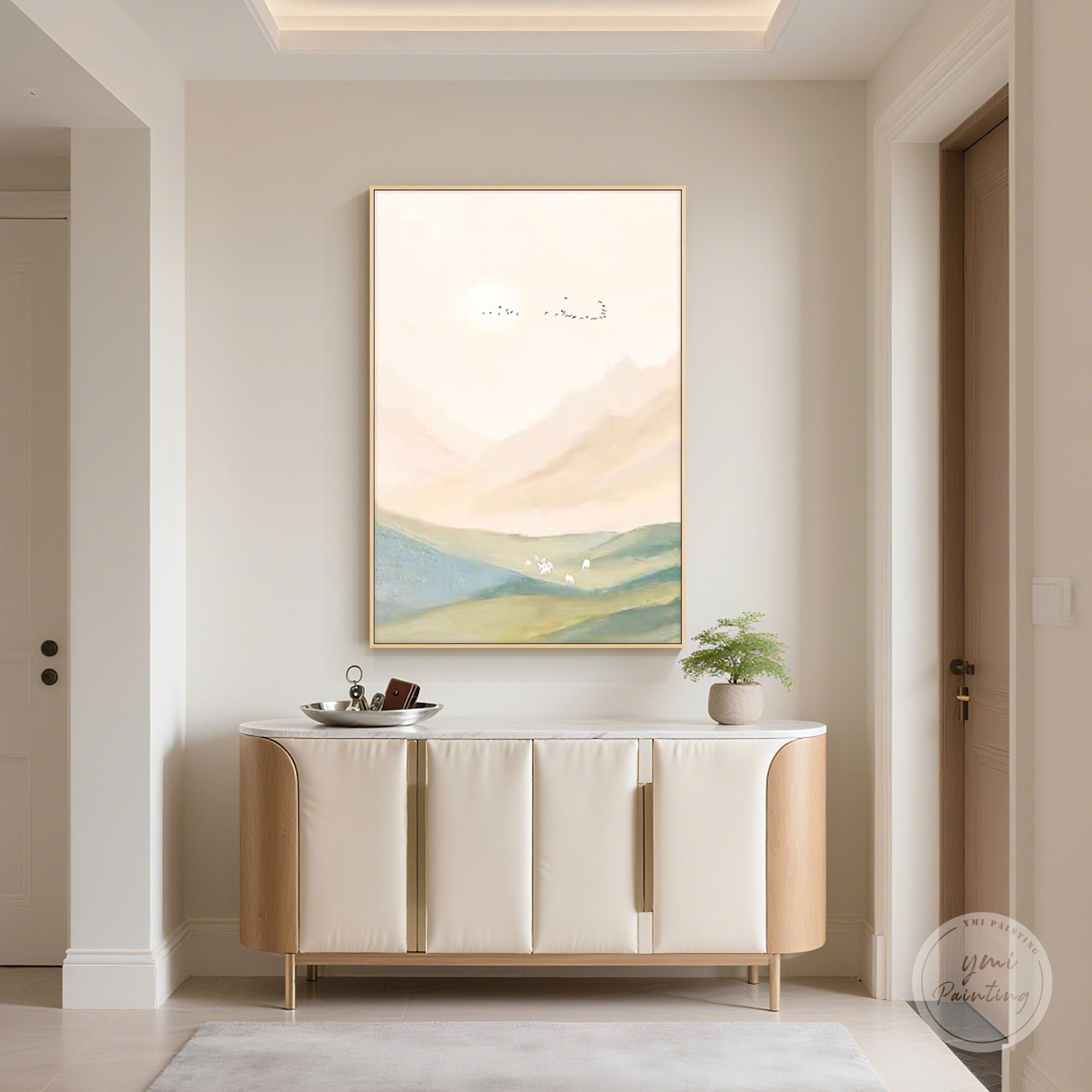 Hand painted beige sky and flying birds wall art