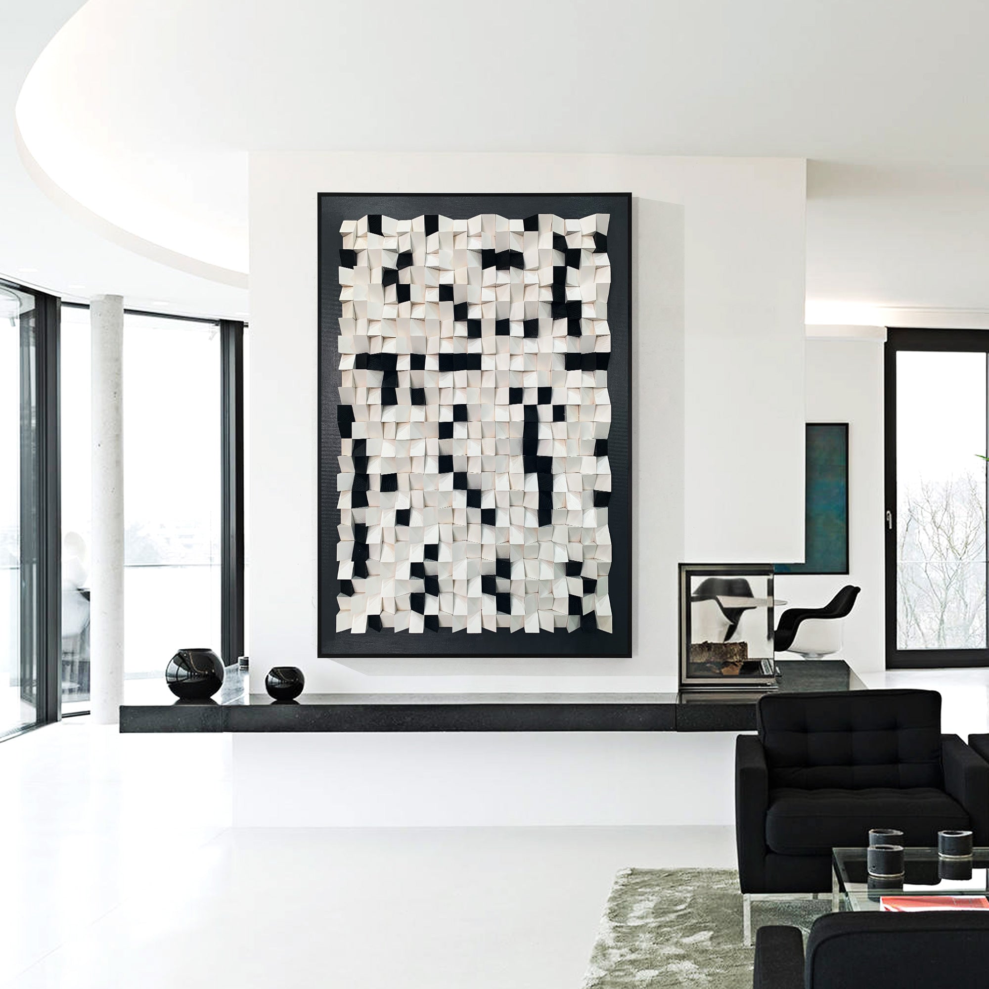 Wood block wall art on black canvas with natural wood blocks and pixel-like black block accents