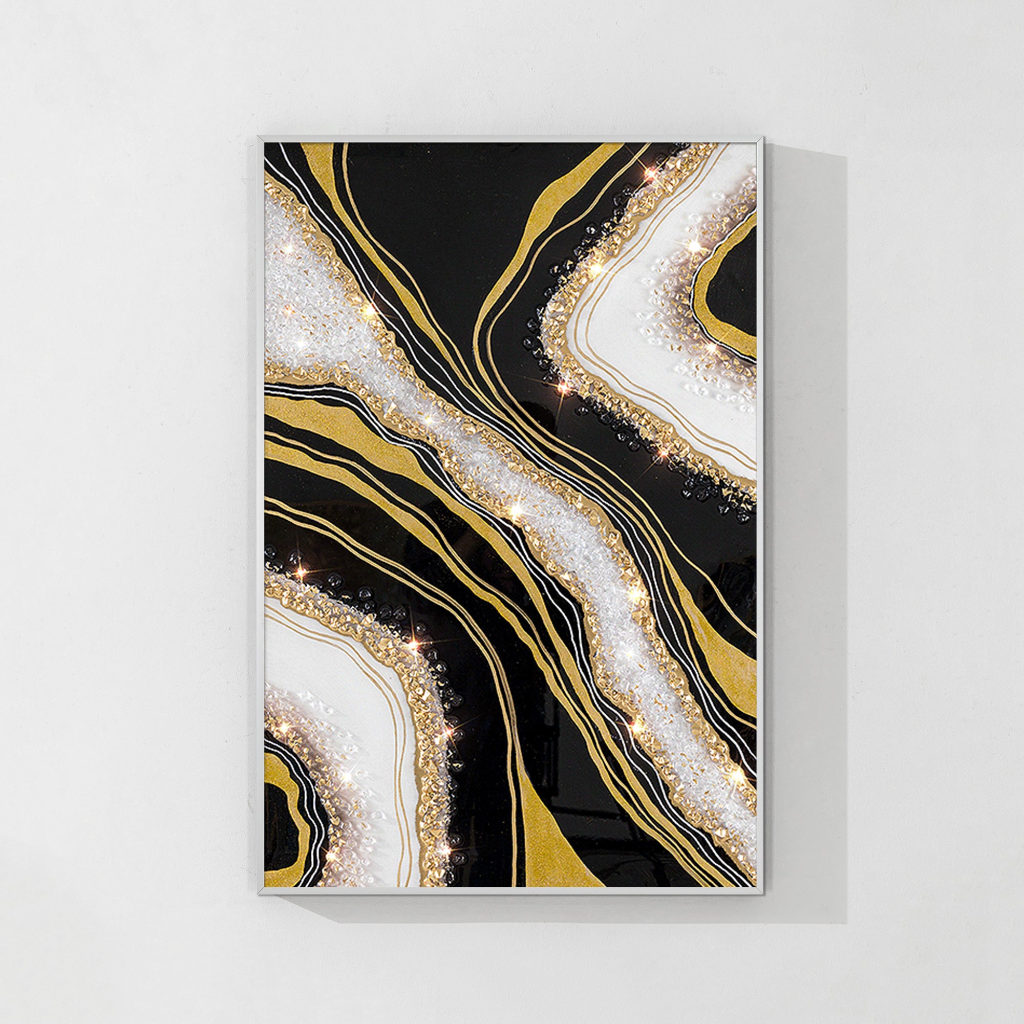 Oversized black and gold geode resin wall art with 3D crystals and glitter.