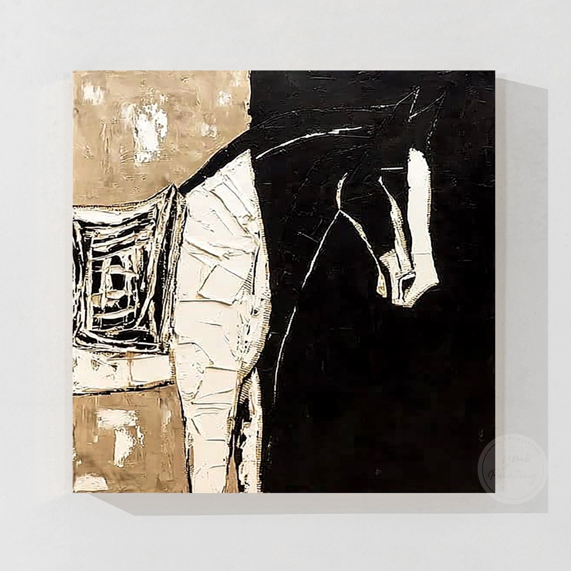 Abstract horse wall art featuring black white and beige colors