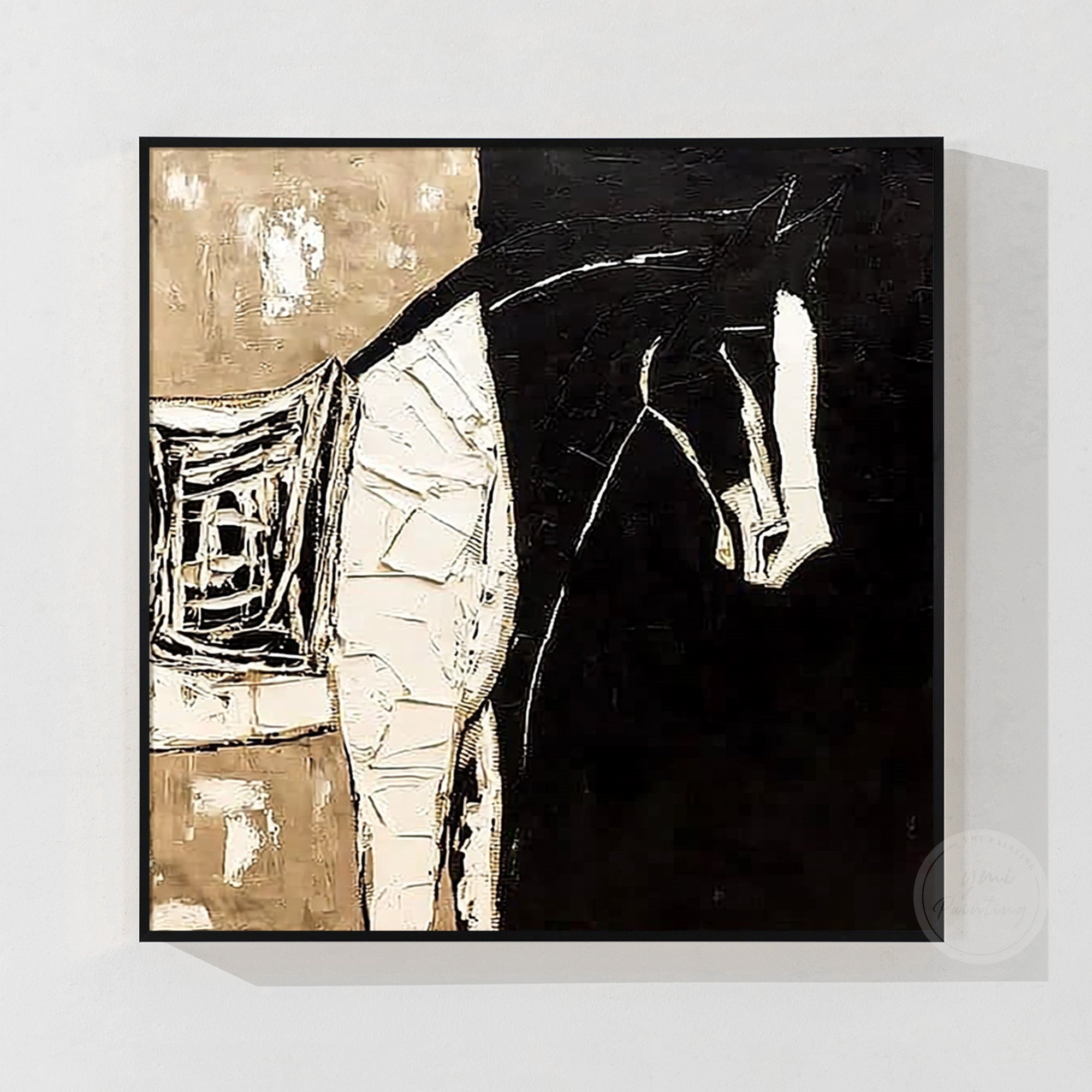 Black horse painting with abstract equestrian design and textured details