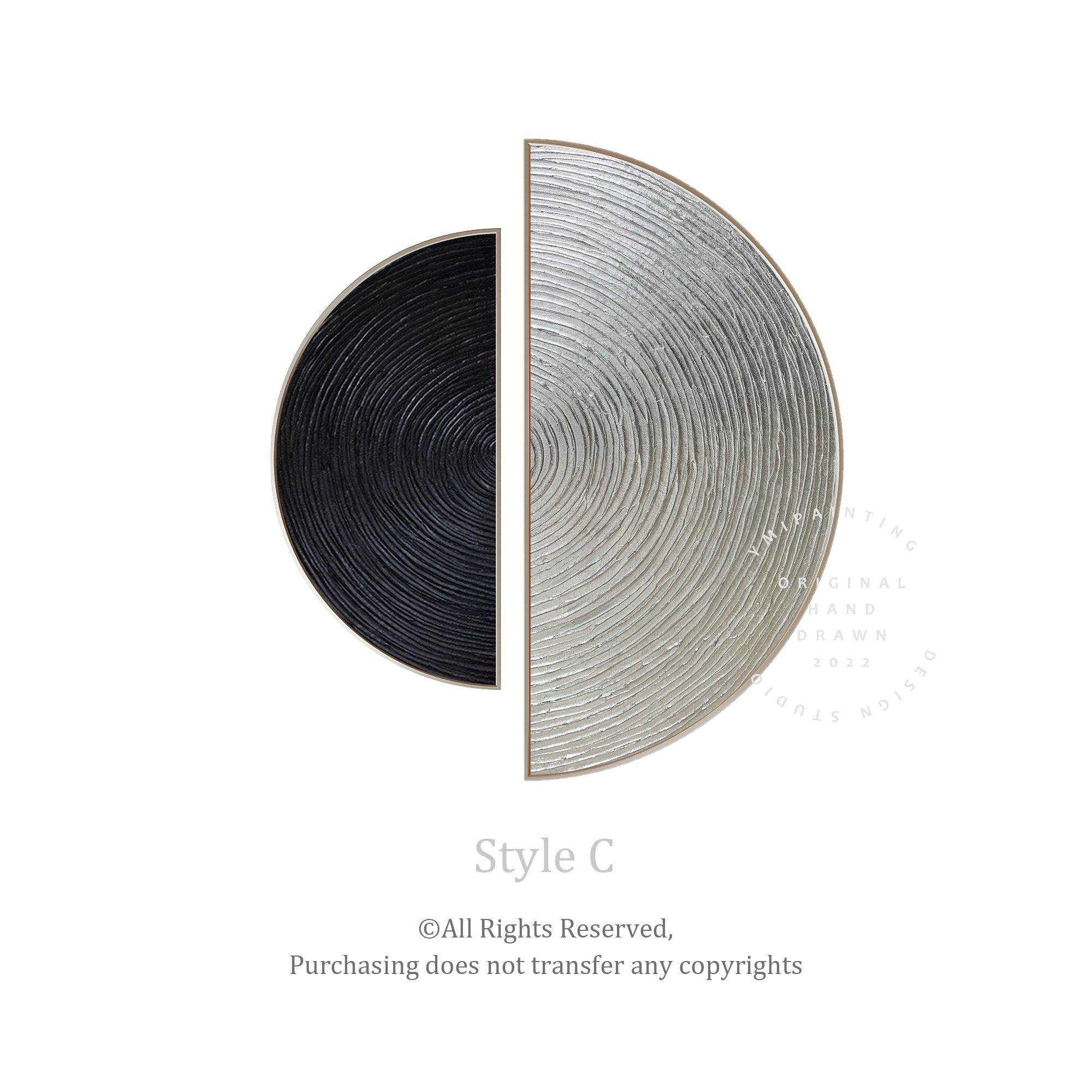 Set of two abstract paintings with black and silver semicircle tree ring patterns