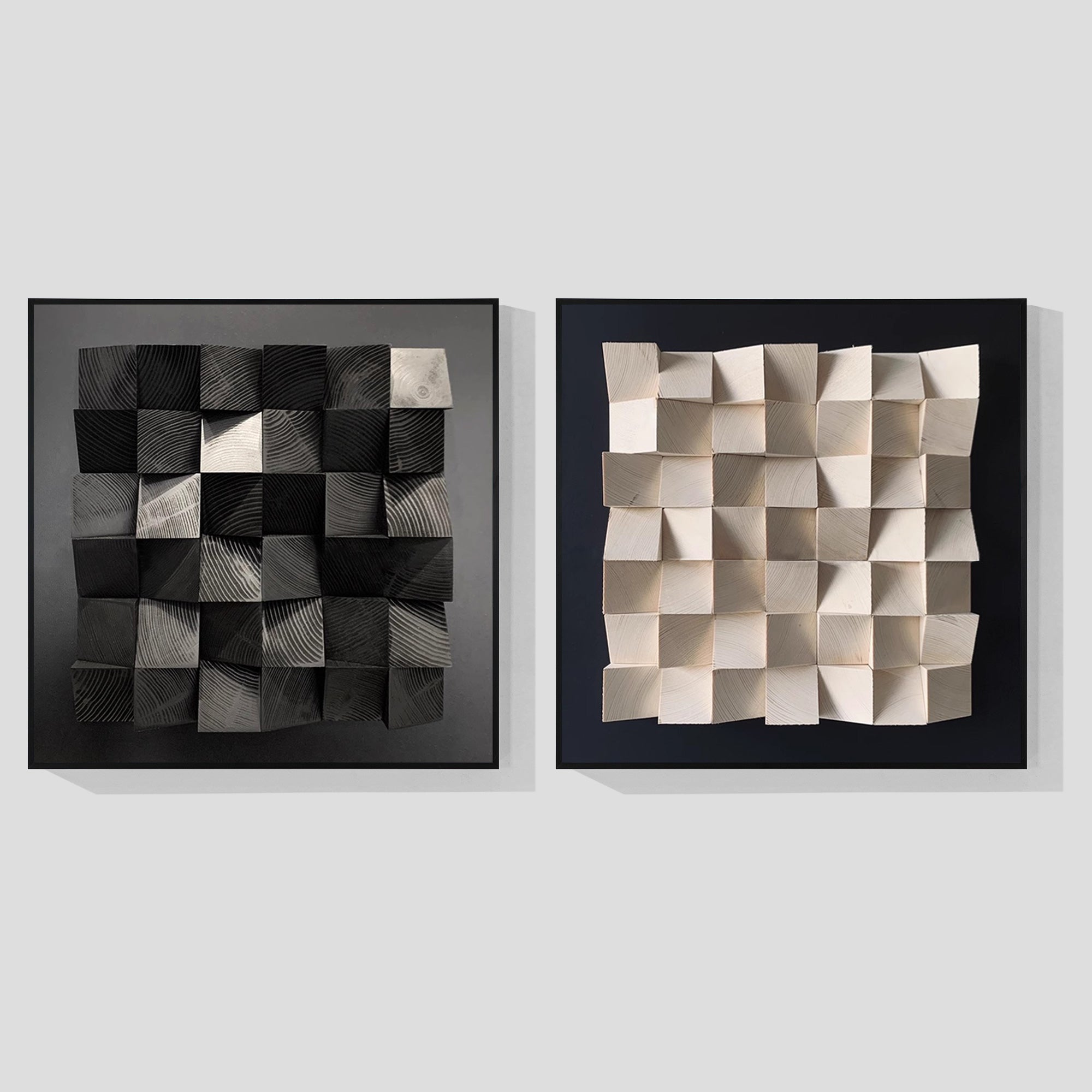 Black and White Wood Painting Set of 2 Geometric Wall Art