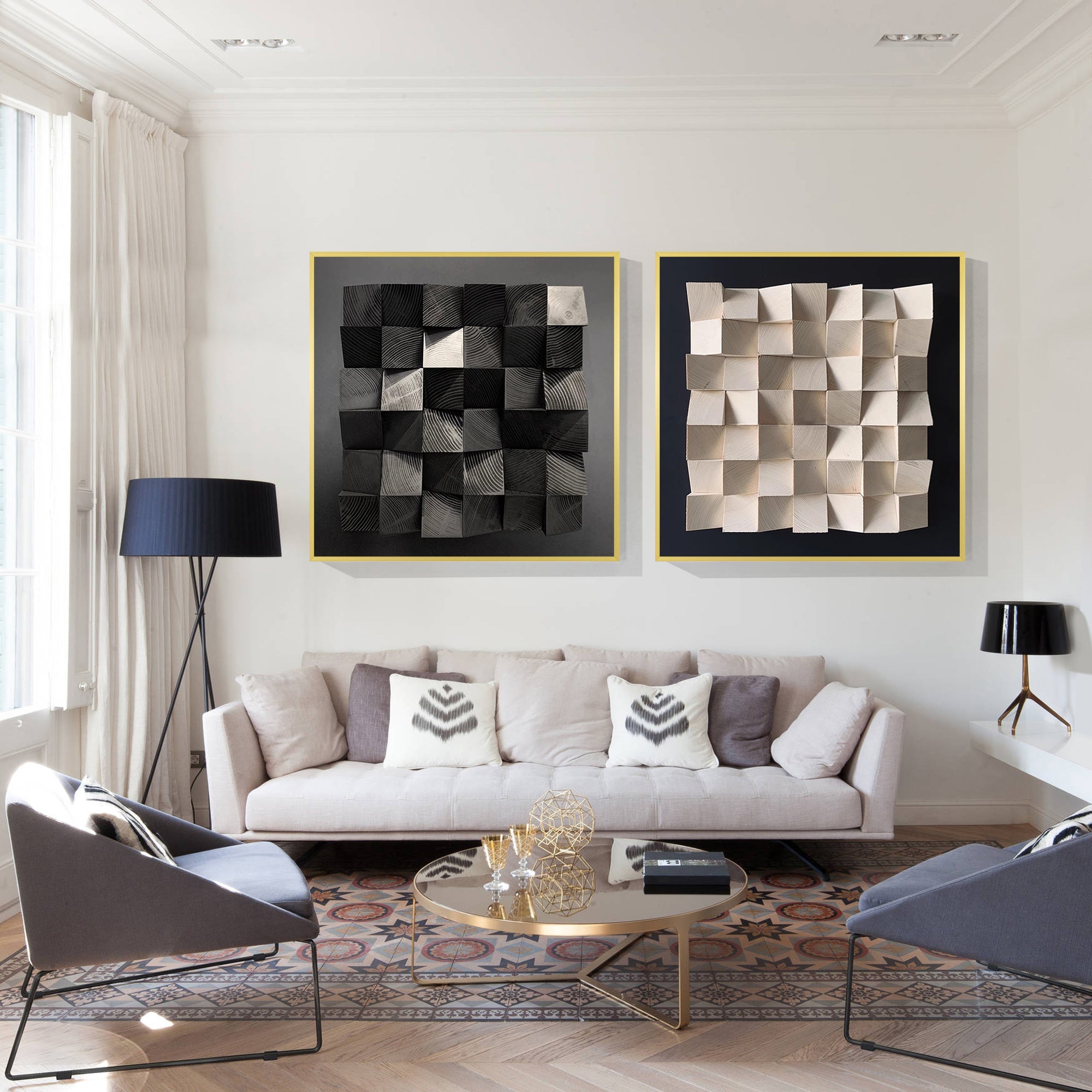 Set of two black and white wood paintings made from wooden blocks with geometric design