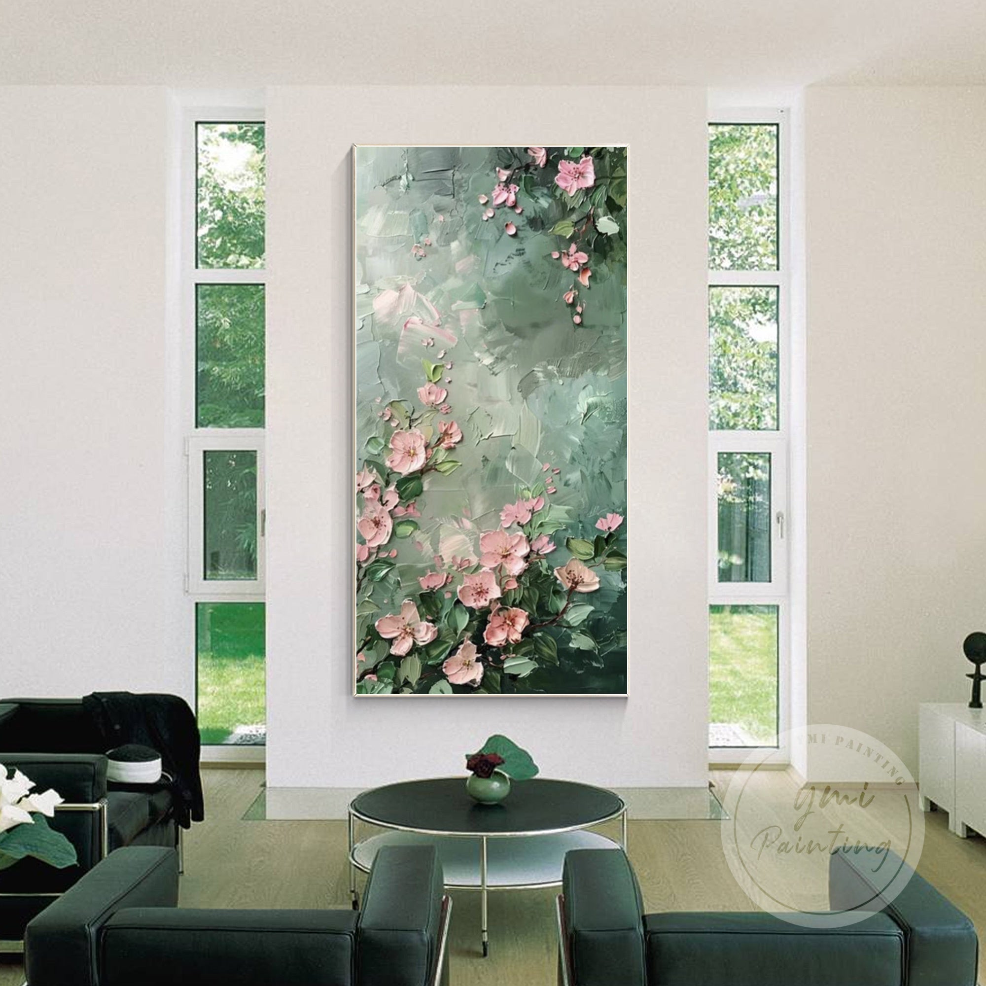 Large pink floral oil painting with light green background