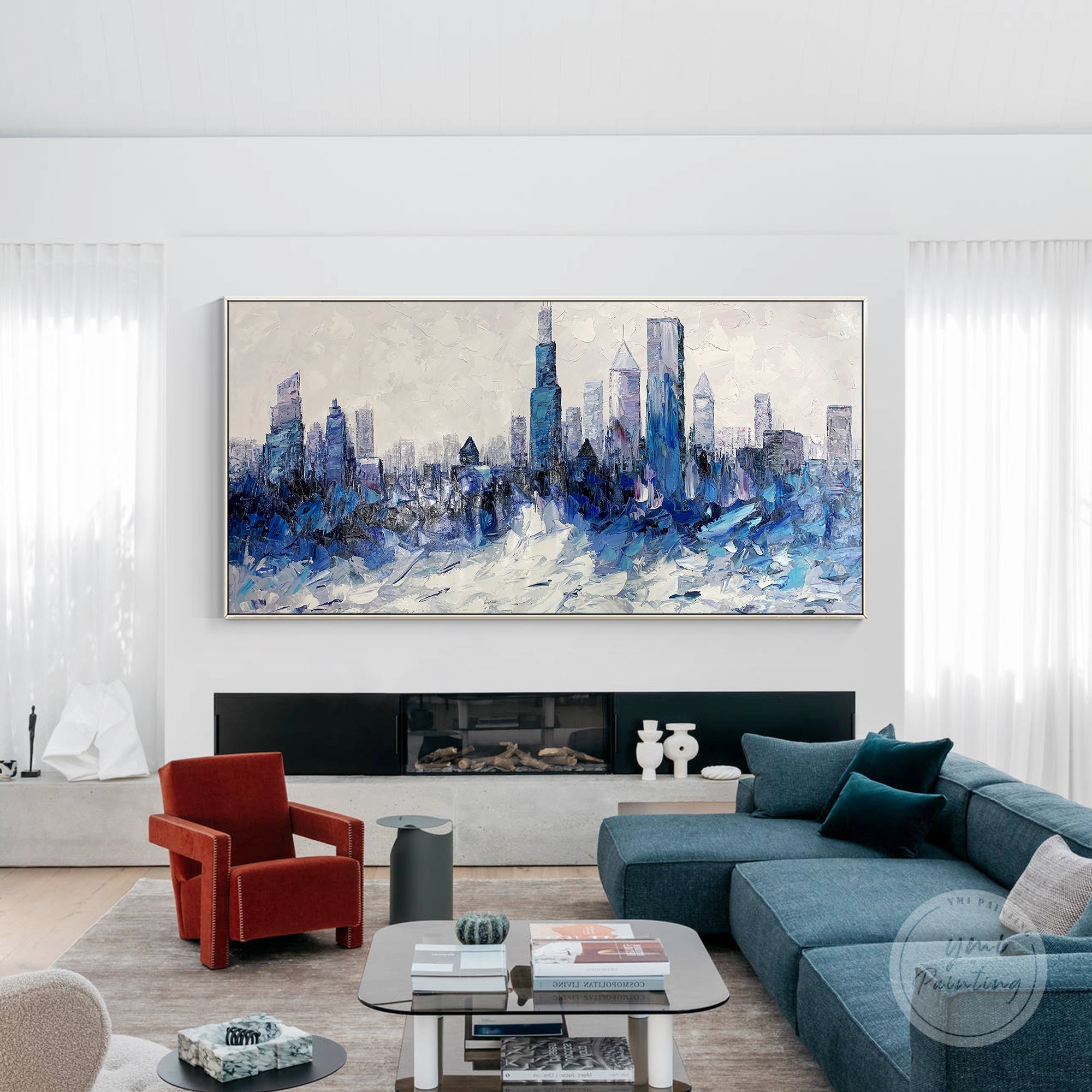 Hand-painted Chicago cityscape artwork, featuring abstract blue tones for a contemporary touch.