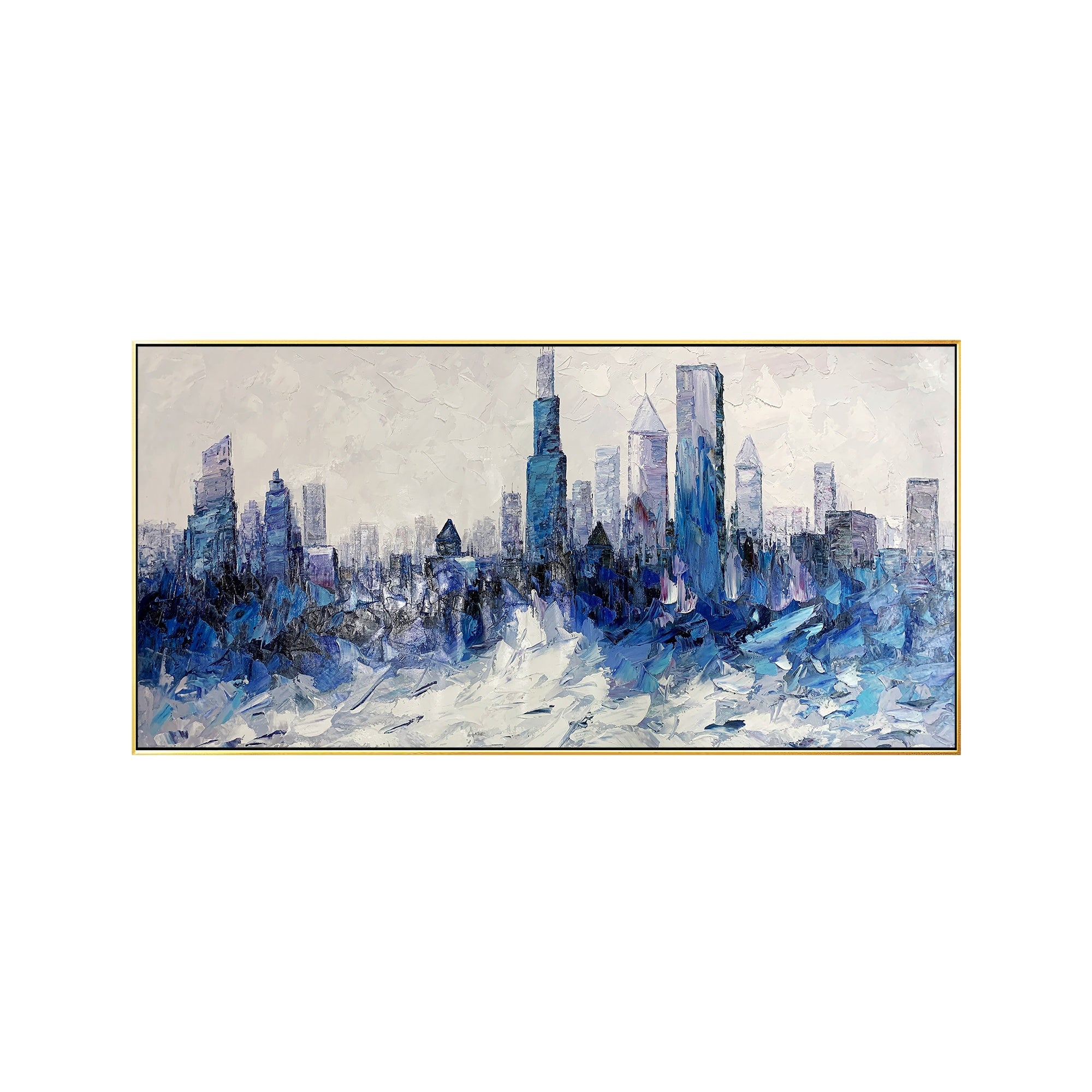 Abstract blue cityscape canvas art of Chicago, perfect for contemporary home or office decor.