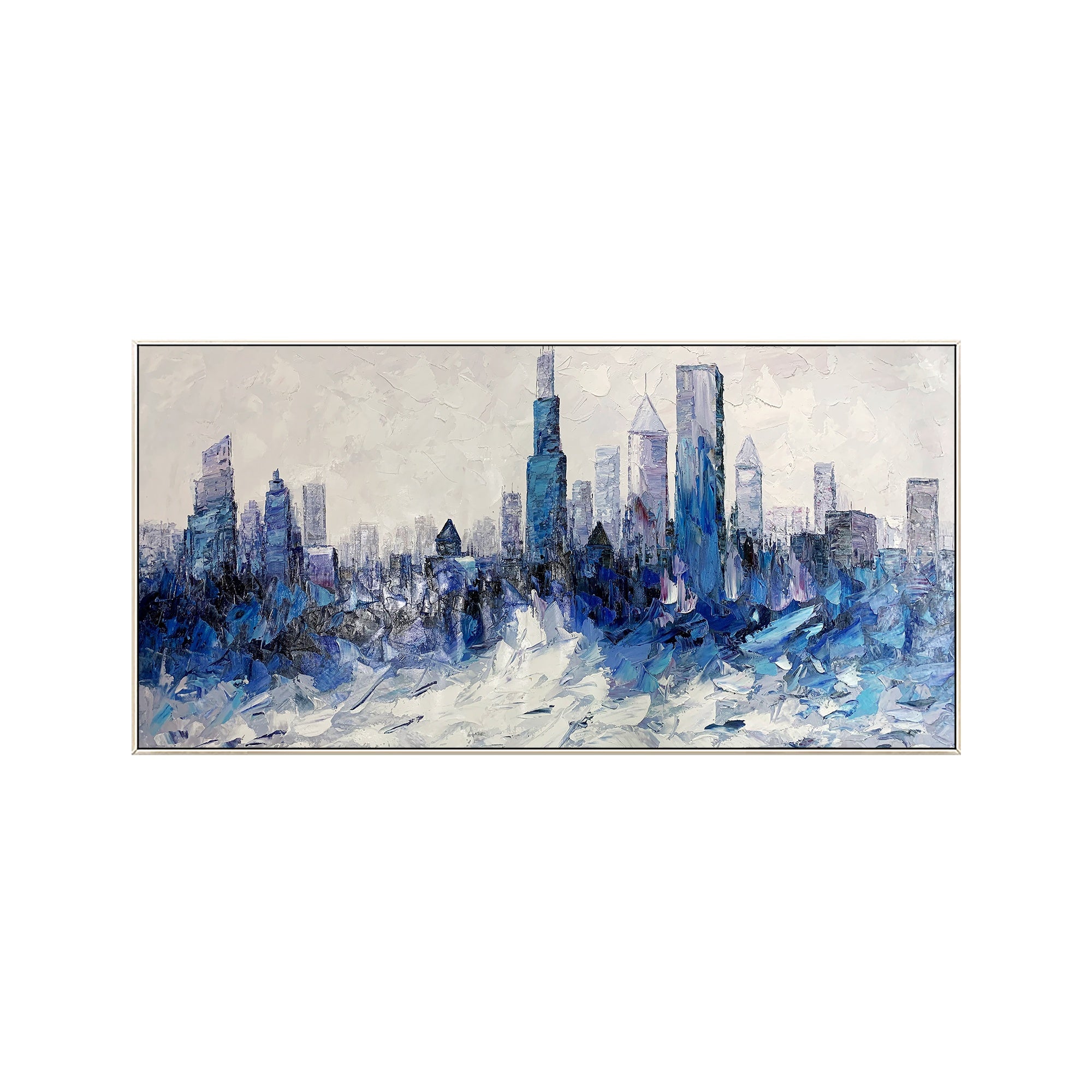 Blue abstract cityscape painting, capturing the essence of Chicago with bold and vibrant brushstrokes.