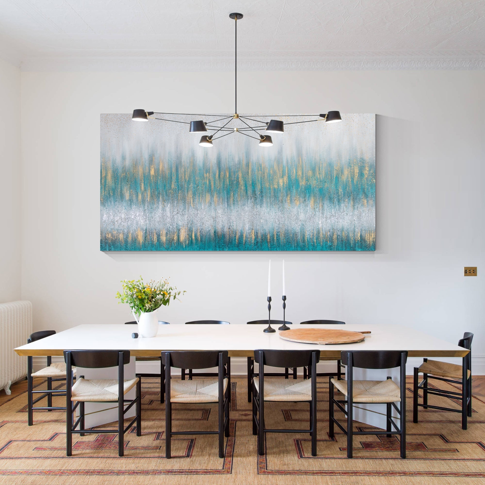 Close-up detail of glitter art showing blue green tones, gray gradient blending, and raised gold powder texture